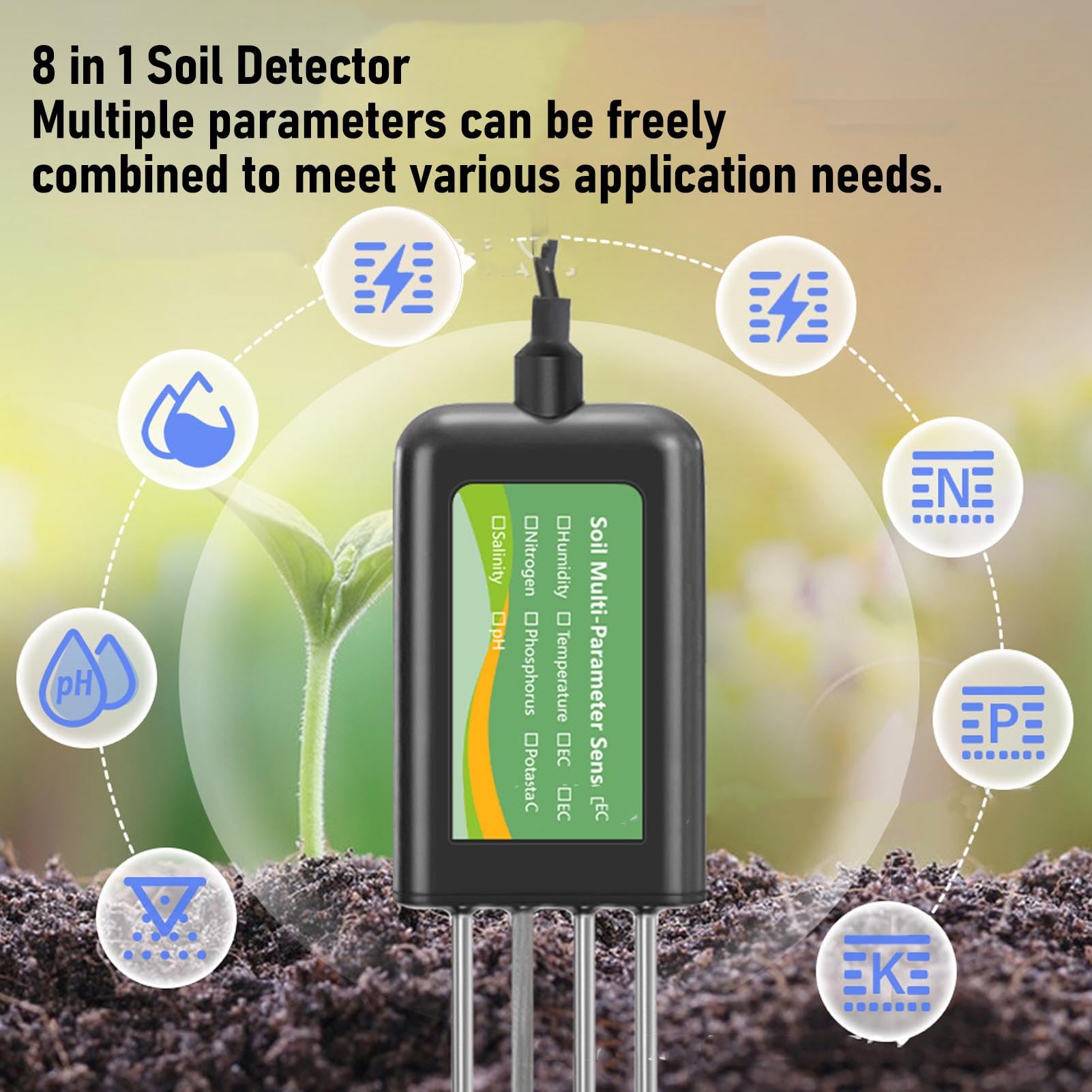 Cuifati Medidor de Humedad del Suelo 8 en 1, Temperatura Digital del Suelo/Prueba de Humedad del Suelo y Medidor de PH/EC del Suelo, NPK del Suelo, Salinidad del Suelo para Jardinería,