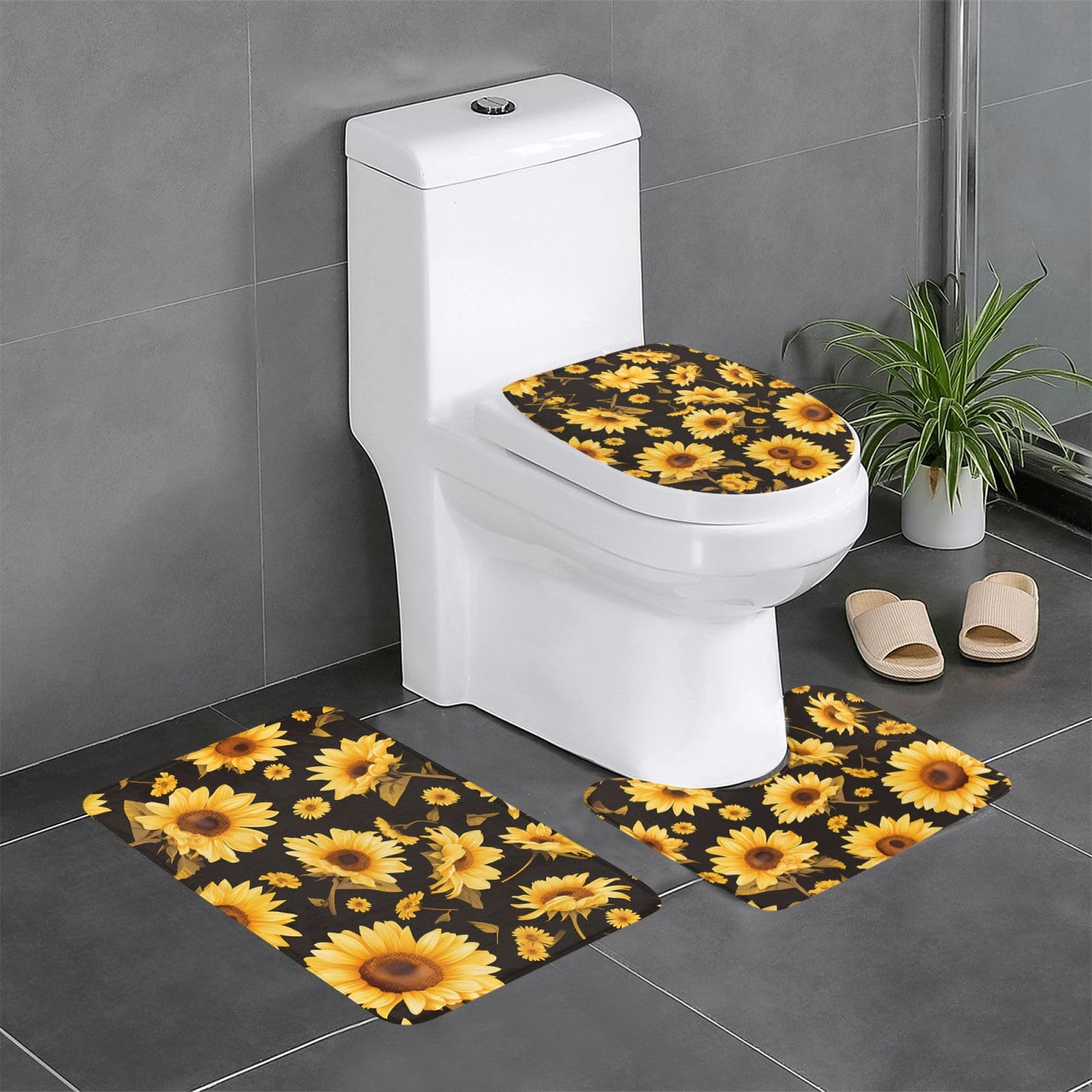 Tapis de salle de bain antidérapants pour toilettes et baignoire décor tournesol noir 61x40cm