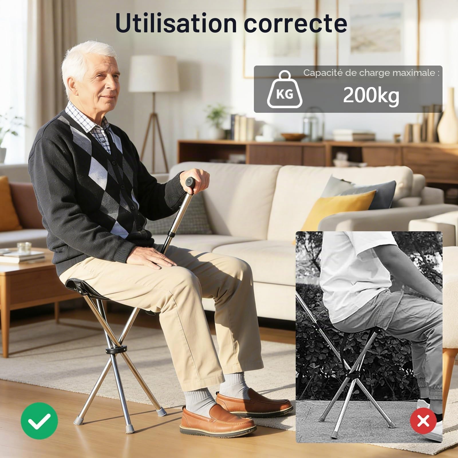 Canne de marche avec siège, 80–90 cm réglable en hauteur, alarme Bluetooth, pliable et légère, Cane-Hocker-Dualuse, capacité de charge 150 kg, idéale pour la randonnée, le camping et les activités de