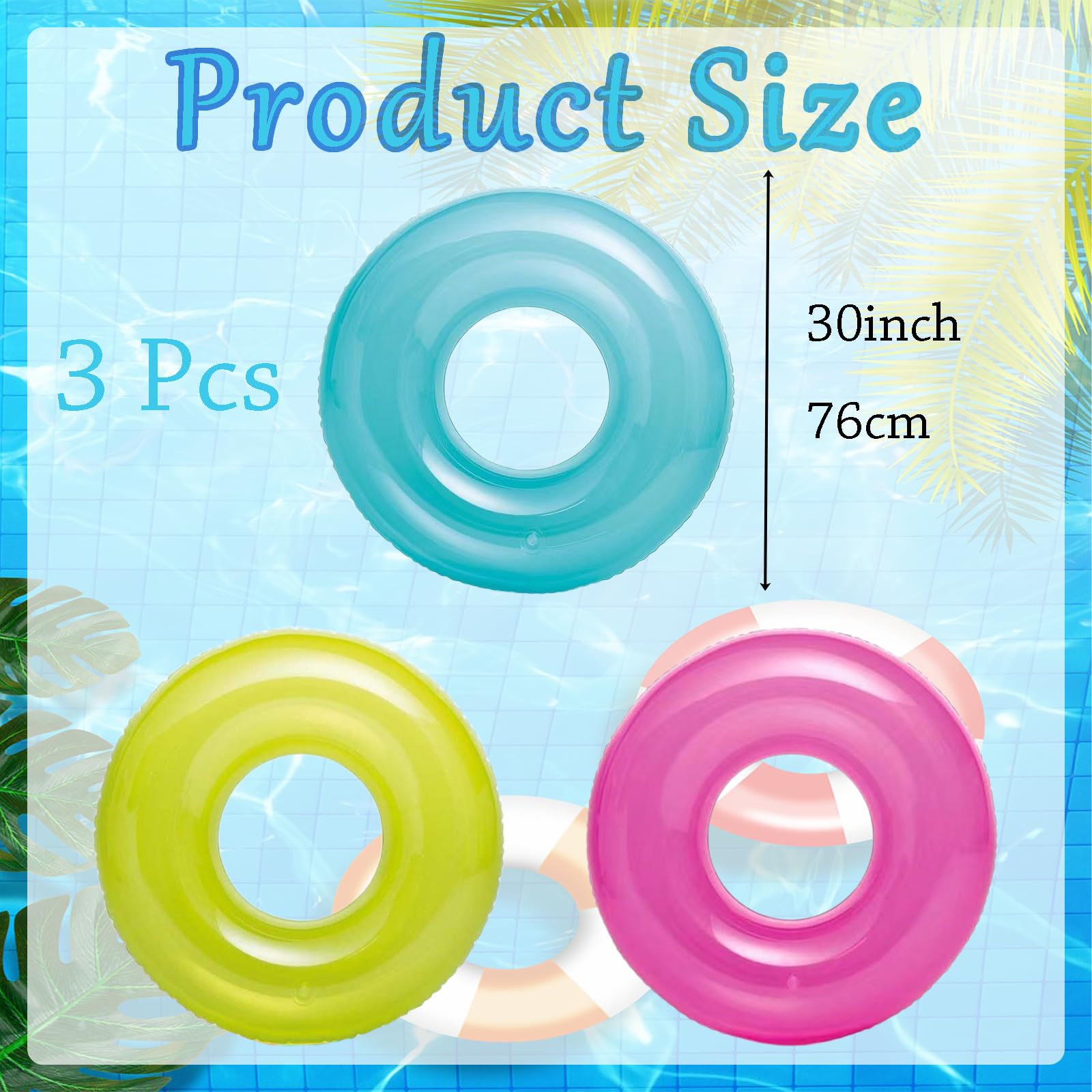POPOYU 3Pcs Translucent Inflatable Pool Floats Ring,Giant Blow Up Swimming Ring,Swim Wheel Tube Pool Rubber Rings Pool Inflatables Swimming Pool Summer Beach Party Supplies - Image 2