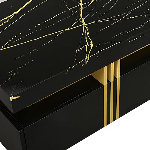 Miniatura 8 de Mesa auxiliar de lujo moderada con parte superior de mármol sintético, mesa de cóctel rectangular con ruedas giratorias y barras de metal dorado,