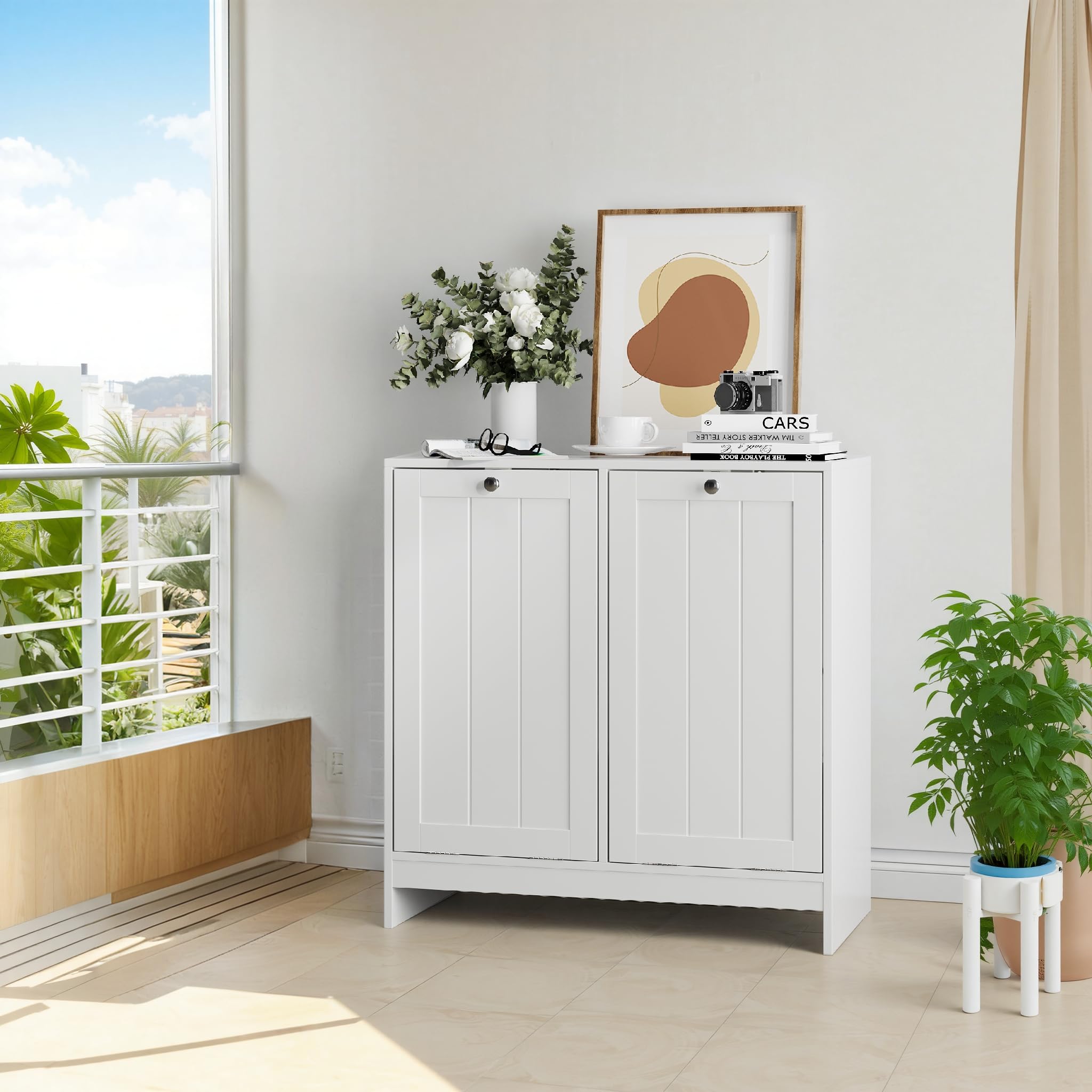 Badezimmerschrank mit Wäschekorb 42x32x76 cm Weiß, kippbar, 2 herausnehmbare Körbe, mit Wäschekippe und Kippschutz, freistehend, für Waschküche und Bad