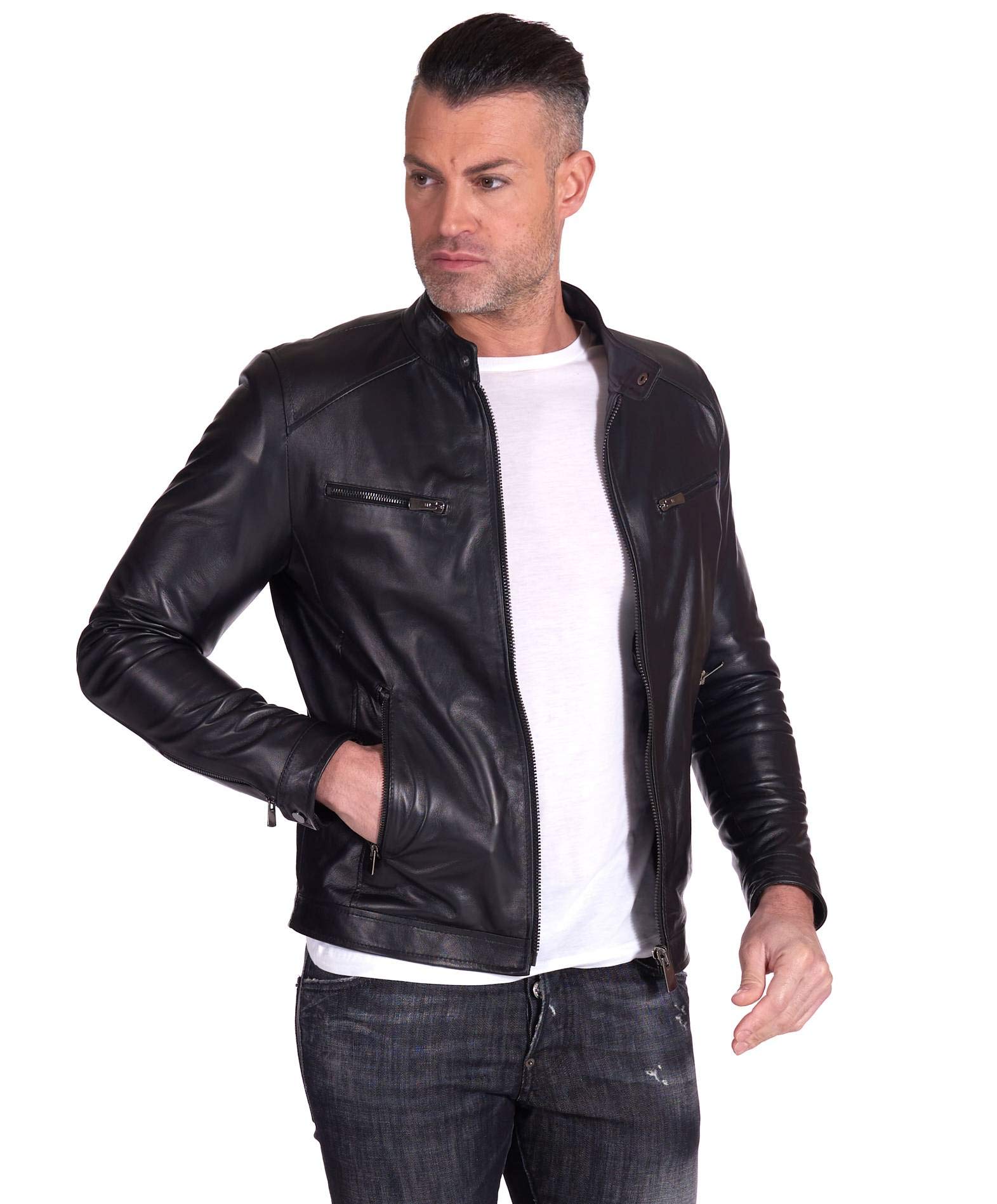 D'Arienzo Giacca Pelle Marrone Uomo Giubbino Moto Vera Pelle Made in Italy Hamilton