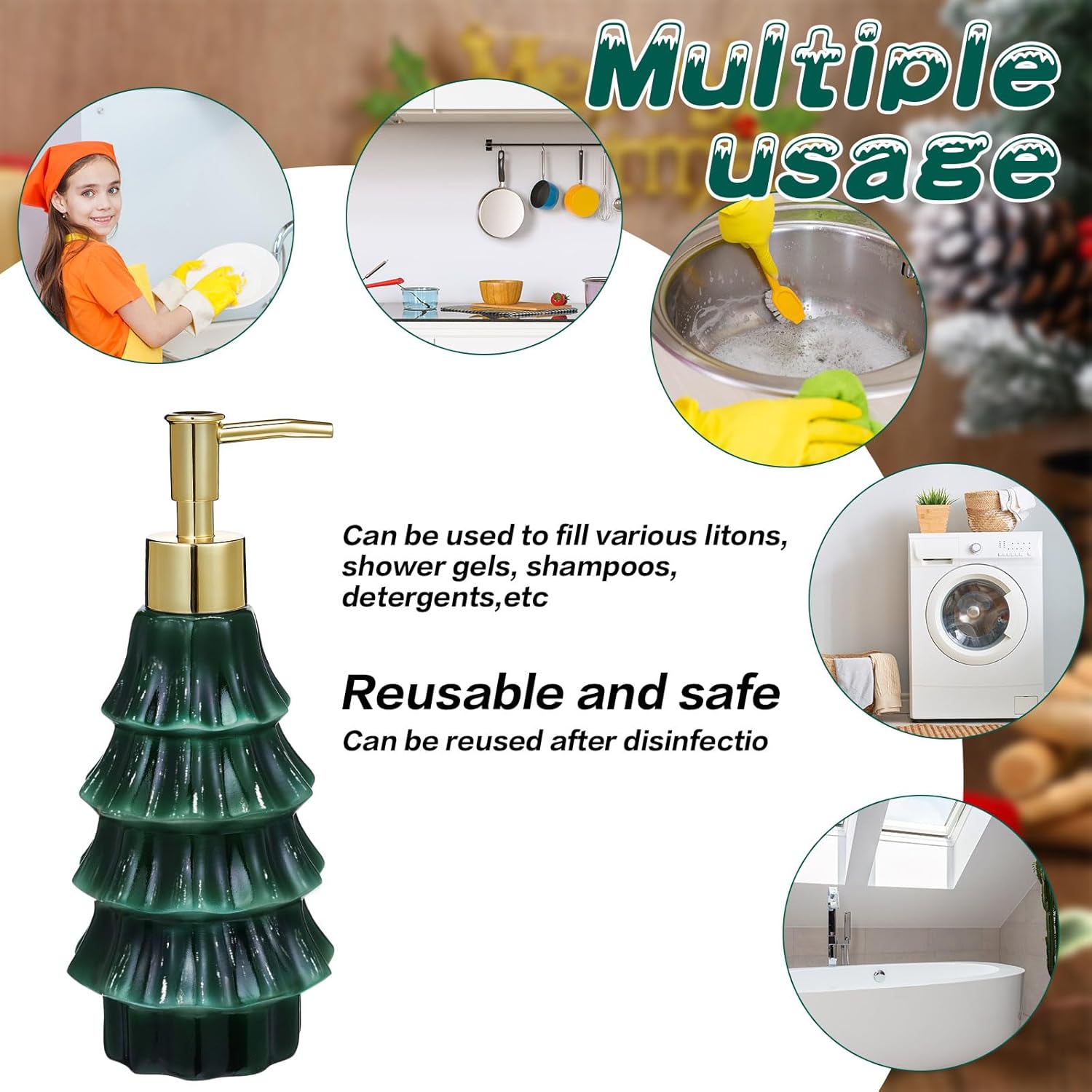 17 Pcs Christmas Bathroom Accessories Set Christmas Tree Shower Curtain with 12 Hooks Bath Mat Rug Non Slip Soap and Lotion Dispenser 2 Towels for Holiday Decorations Merry Xmas Gifts