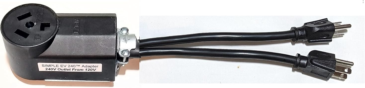 Simple EV240 fits Tesla Mobile Connector with a 10-30P 30A Plug. Low Cost, No Wiring Required! This Adapter uses Two 120V 20A Household Non GFCI 5-20R outlets. Set Charging to 20A Max