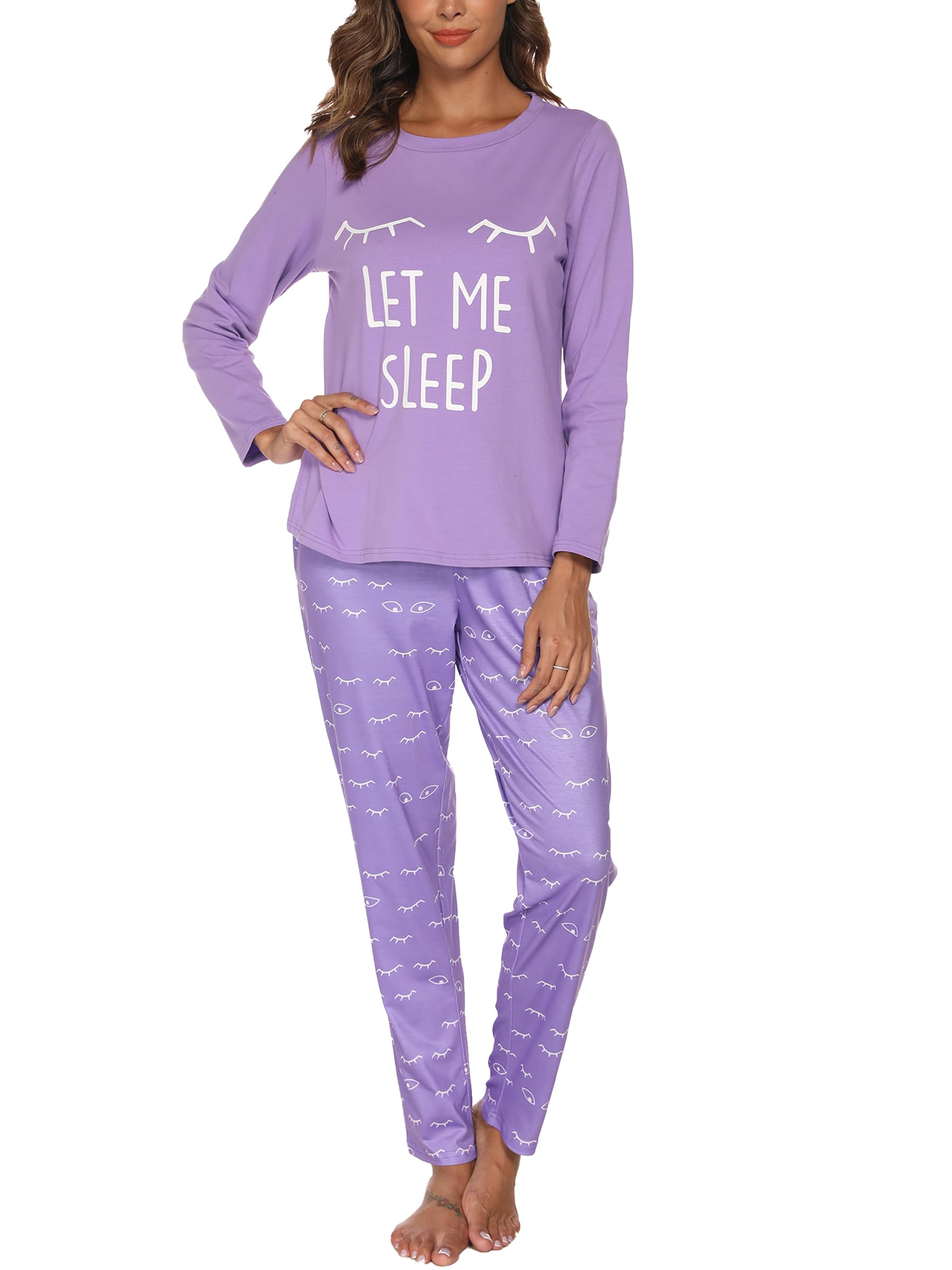 Reliwel Schlafanzug Damen Lang Baumwolle Pyjama Set Winter Oberteil und Schlafanzughose Langarm Loungewear Sleepwear Hausanzug Kuschelig Freizeitanzug