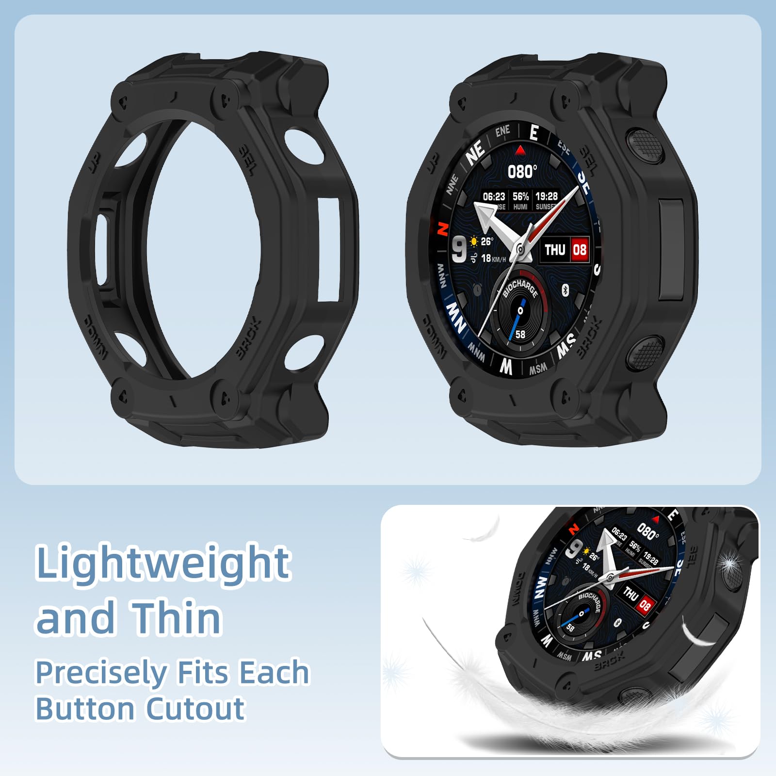 ZoRoll Etui ochronne z tworzywa TPU do Amazfit T-Rex 3 Pro 48 mm, odporne na upadki, miękkie silikonowe etui ochronne, kompatybilne z Amazfit T-Rex 3 Pro 48 mm, czarne