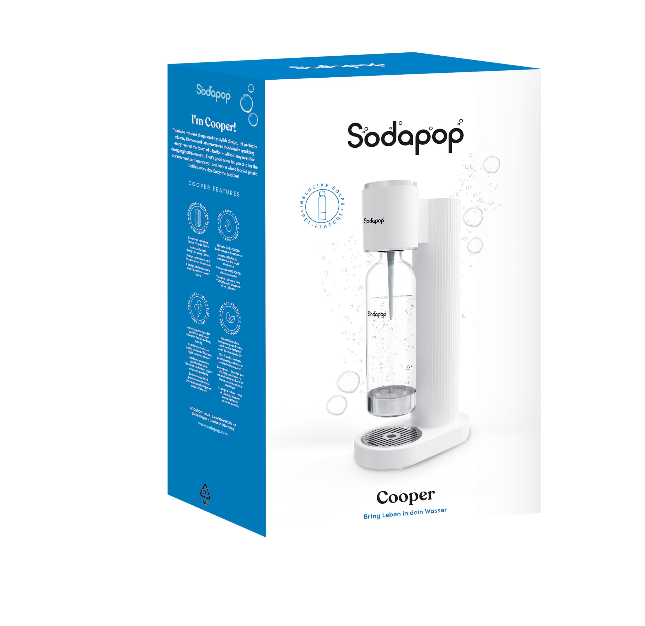 Sodapop Aireador de agua Cooper blanco, incluye 1 botella de PET, elegante y ahorra espacio, altura 44,9 cm