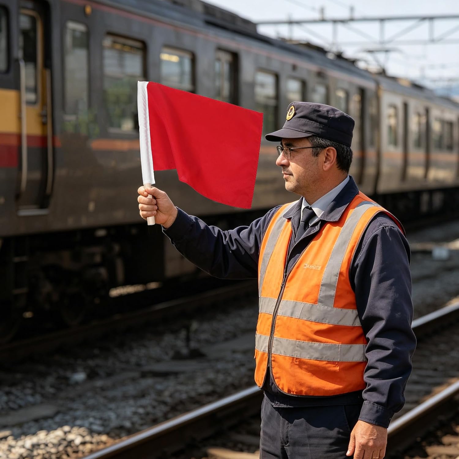 Red Hand Signal Flag for Traffic Management and Pedestrian Crossing Multifunctional Railway Safety Flag with Weather Resistant Cloth and Plastic Material