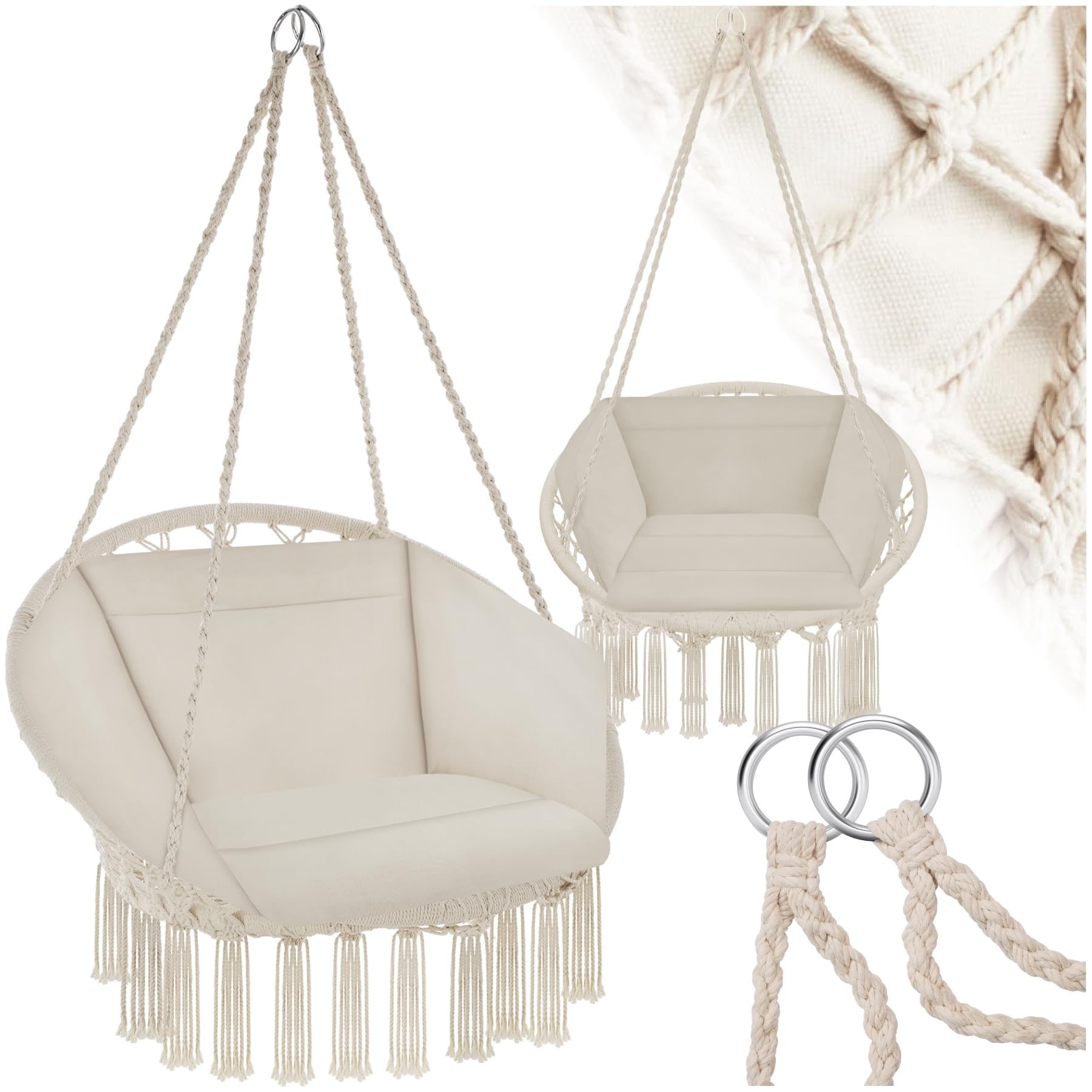 tectake® Columpio Jardín Exterior, Silla Colgante con Cojín Grande y Mullido, Sillón Balancín con Estructura Estable de Acero, Hamaca Colgante para Interior y Exterior, Trenzado en Algodón - Beige
