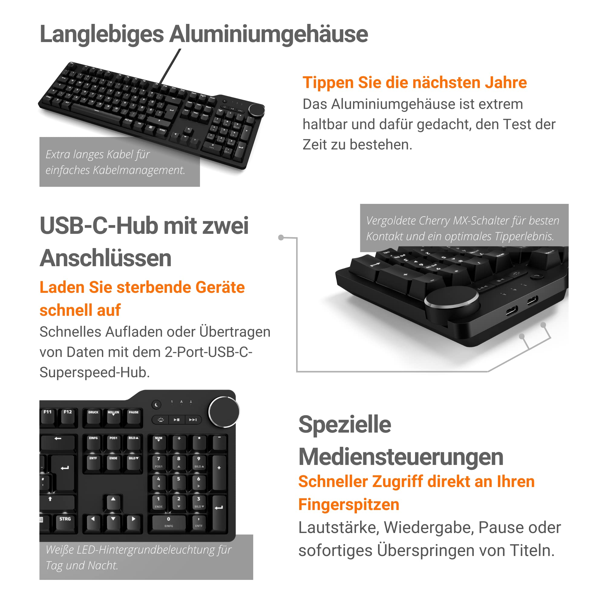Das Keyboard 6 Professional Mechanische Tastatur QWERTZ DE Layout - 105 Tasten, LED-Beleuchtung, Cherry MX Brown Soft Clicky, USB 3.1 Hub, Multimediatasten, NKRO, Aluminiumgehäuse (DK6PBTLEDMXBDEX)