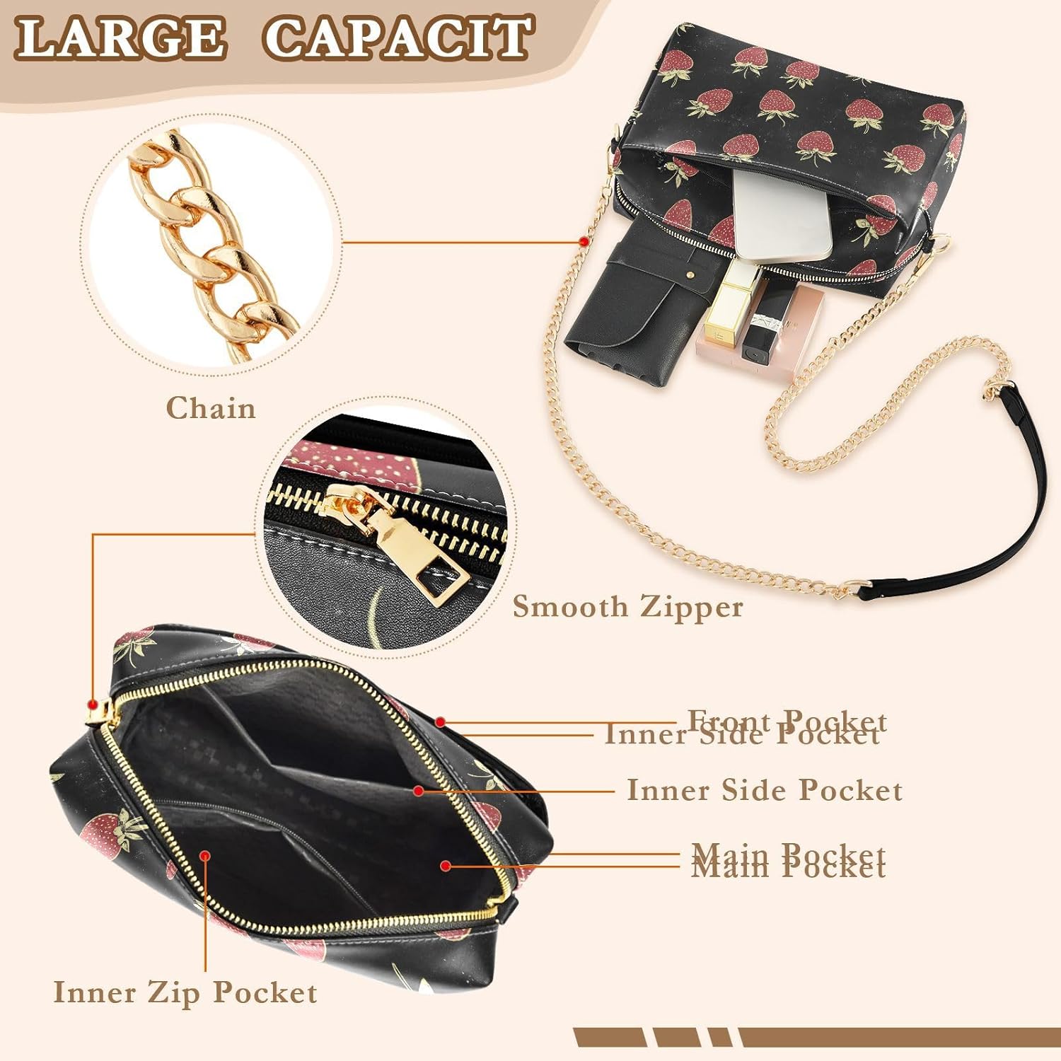 Women Crossbody Bag Shoulder Handbag Cellphone Purse PU Leather Metal Chain Strap Water Resistant Zipper Closure Cartoon Strawberry Print