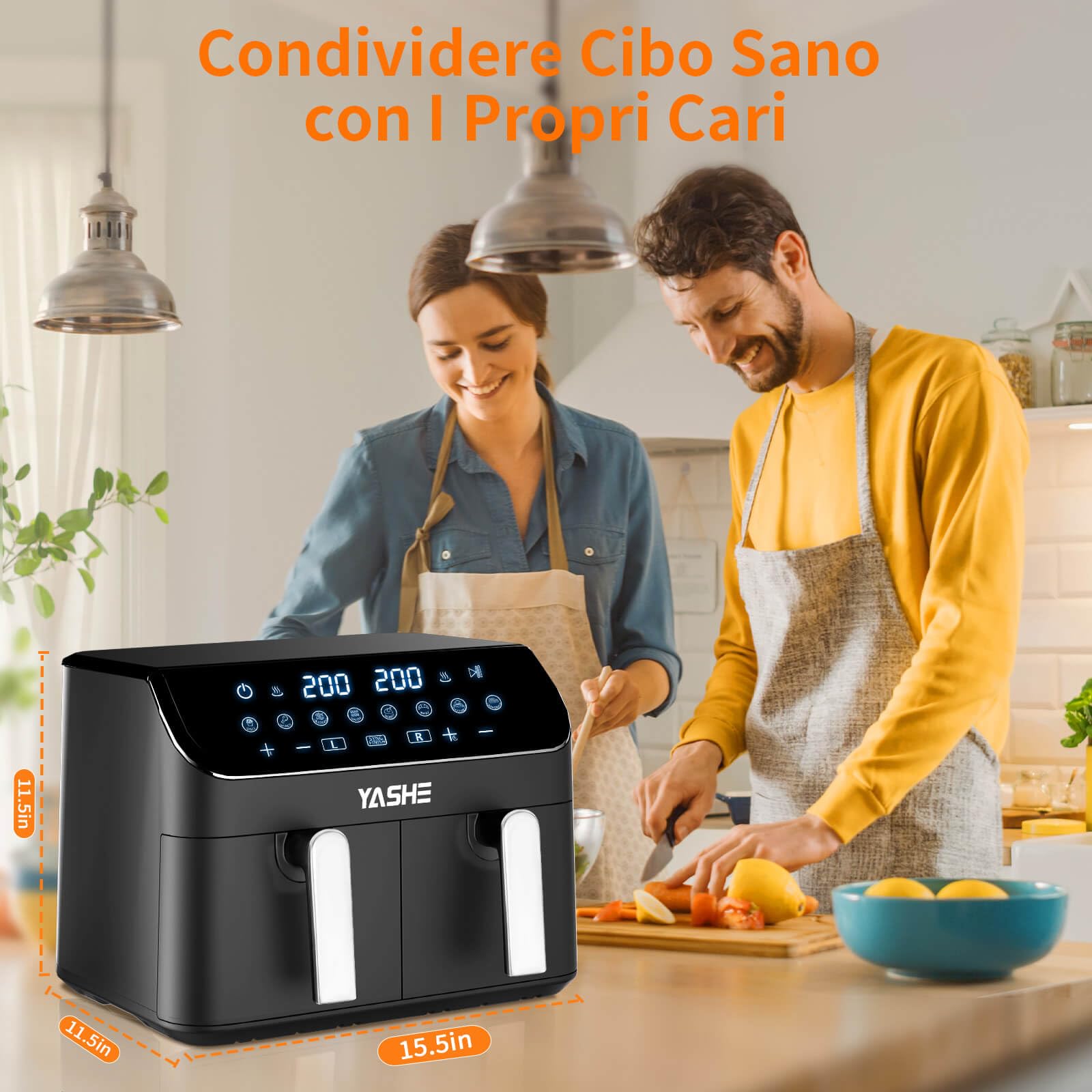 YASHE Friggitrice ad Aria Doppio Cestello, 9L XXL Capacità Friggitrice Aria con 2 Cestelli Separati, 8 in 1 Programmi di Cottura, Touchscreen LED, Cottura Sana, Veloce e Versatile Air Fryer