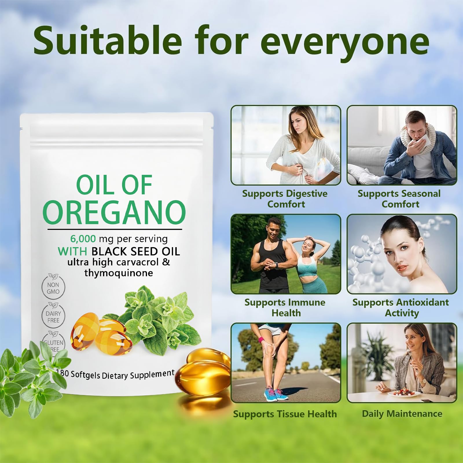 Oil of Oregano Softgels 6000mg with Black Seed Oil, Plant Based, Non-GMO, Immune Support, 180 Count — view 7