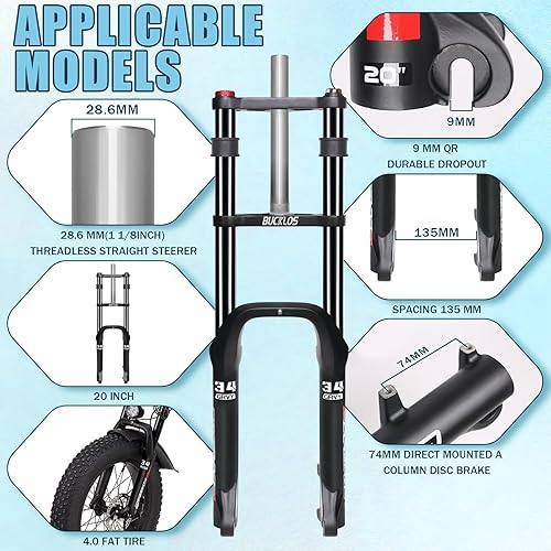 Miniatura 2 de BUCKLOS 20 pulgadas 4.0 Fat Tire Bike Suspension Tenedor, 7.087 in Travel 5.315 in Spacing Hub 0.354 in QR Ebike Oil MTB Fat Fork, Doble Corona