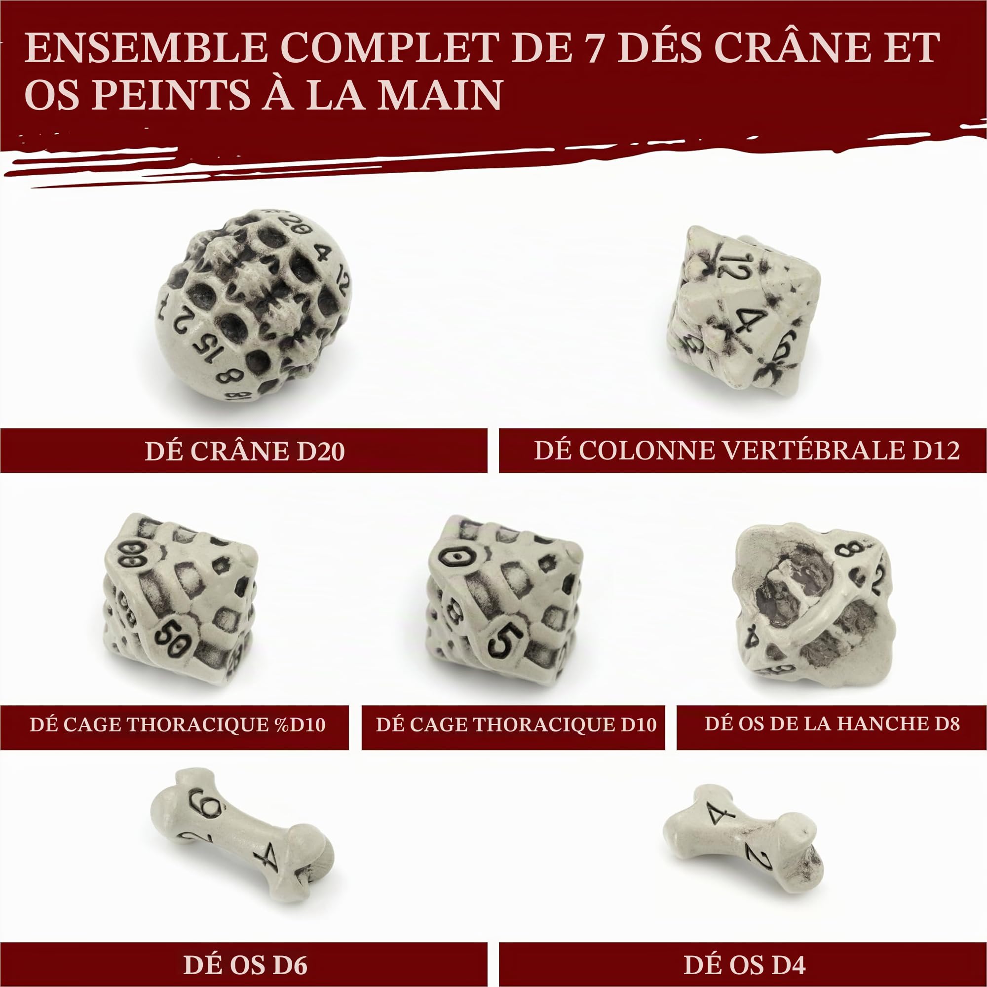 Set de Dés JdR - 7 Dés Crâne & Os/Skull & Bone Dice Set pour DND - D20,D12,%D10,D10,D8,D6,D4. Cadeau pour Donjons & Dragons/Dungeons & Dragons, Warhammer, D&D, Pathfinder, Accessoires de Jeu de Rôle