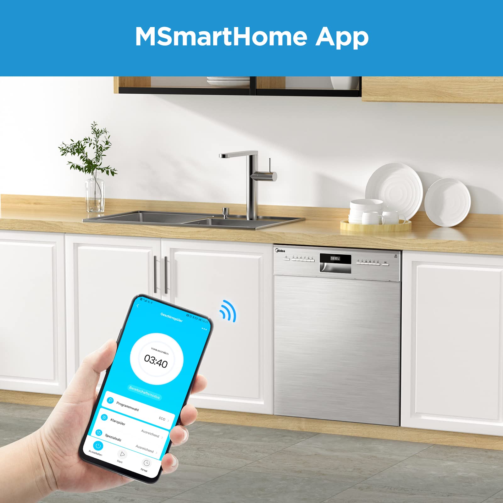Midea MDWEU1435XSS-W, 14 controsoffitto, lavastoviglie 60 cm, parzialmente integrabile con WiFi, asciugatura extra, 7 programmi, 47 dB, ritardo di avvio 0-24h, acciaio inox