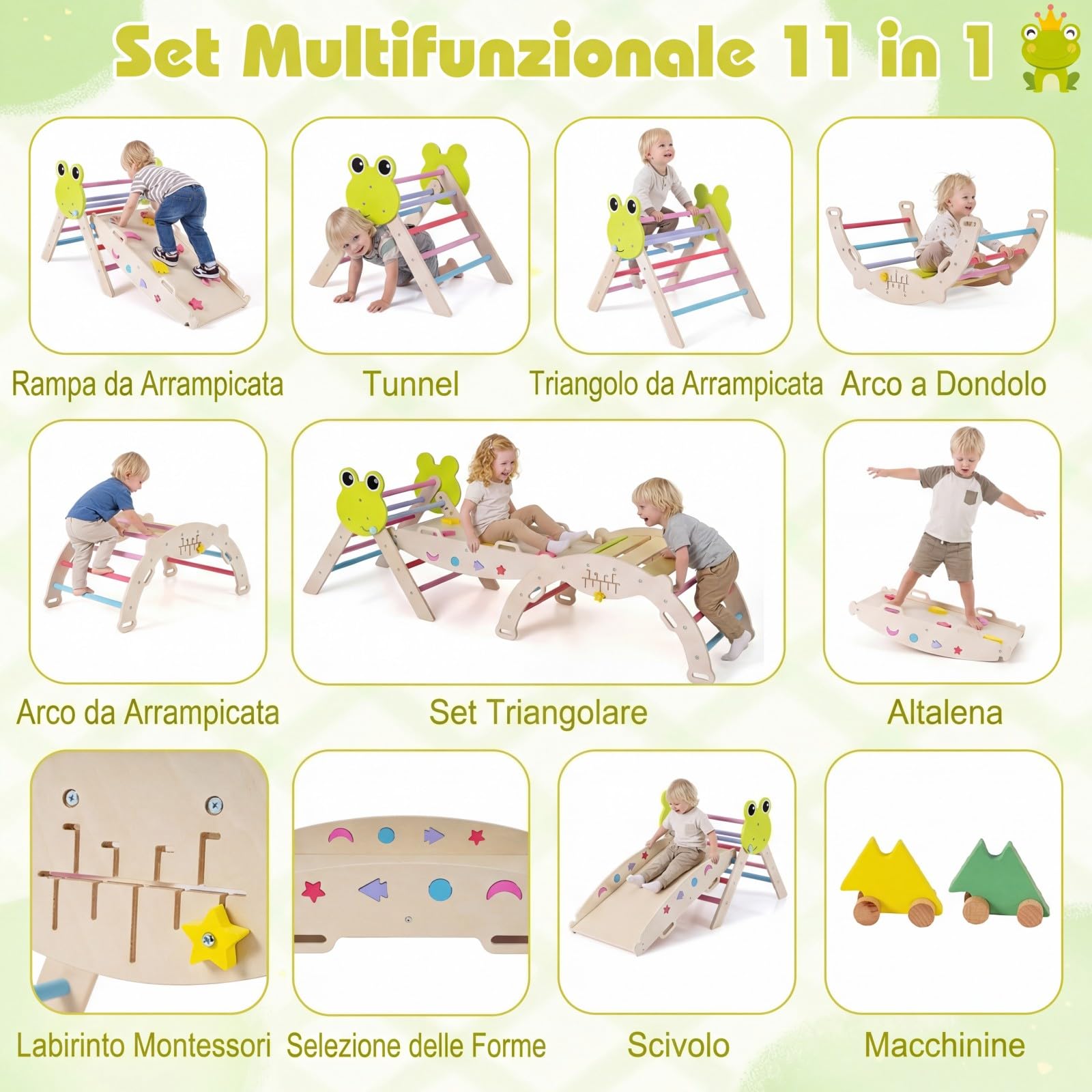 RELAX4LIFE Set da Arrampicata per Bambini, Triangolo di Arrampicata con Scivolo e Arco, Gioco di Incastri in Legno, Gioco Montessori per Bambini 1+ Anni (Rana-3 Pezzi | Colorato)