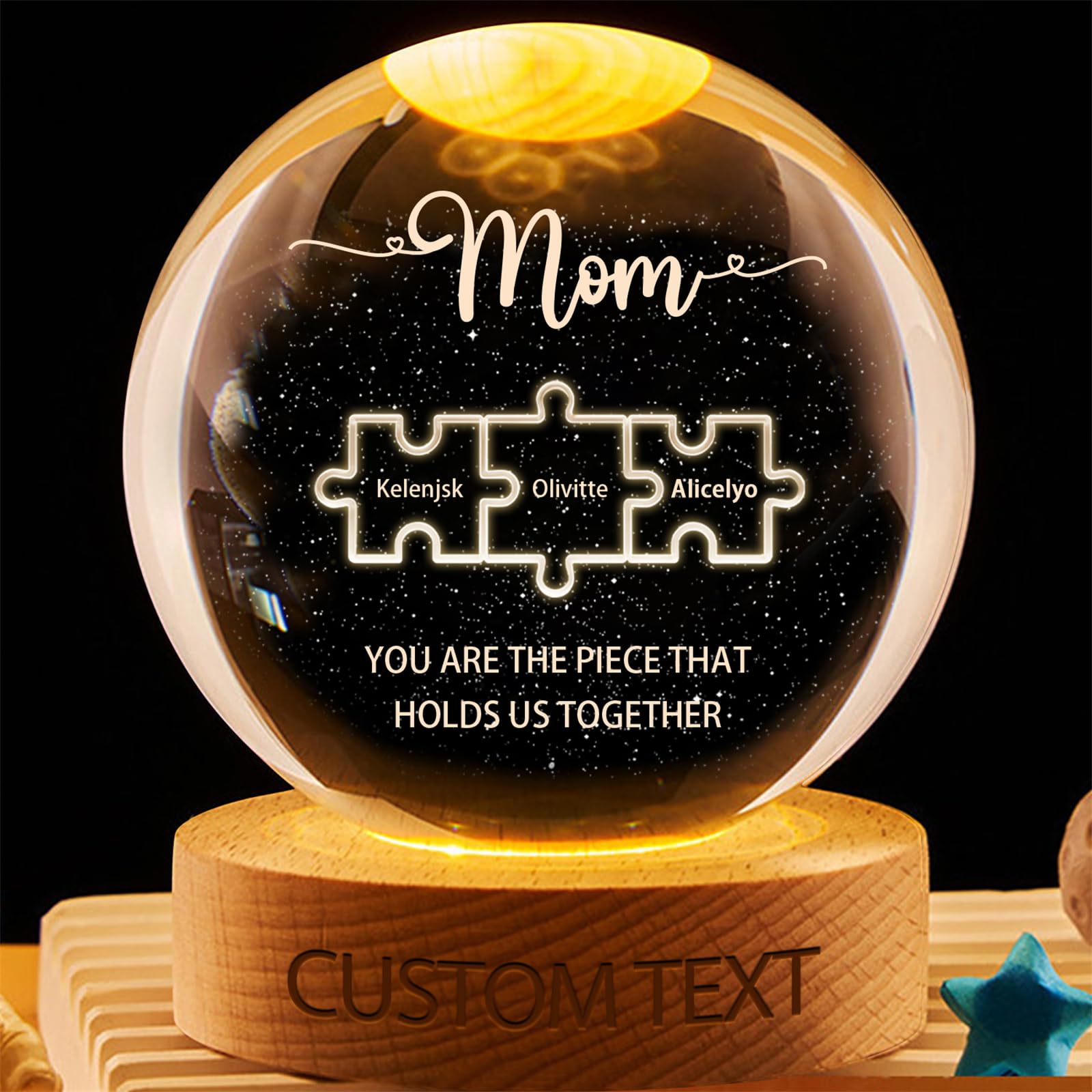 Wasetell Personalized Mom Puzzle Piece Crystal Ball Lamp Custom You Are the Piece that Holds Us Together Glass LED Night Light Mothers Day Birthday Home Decor Keepsake Gift for Mom Grandma Nana,01