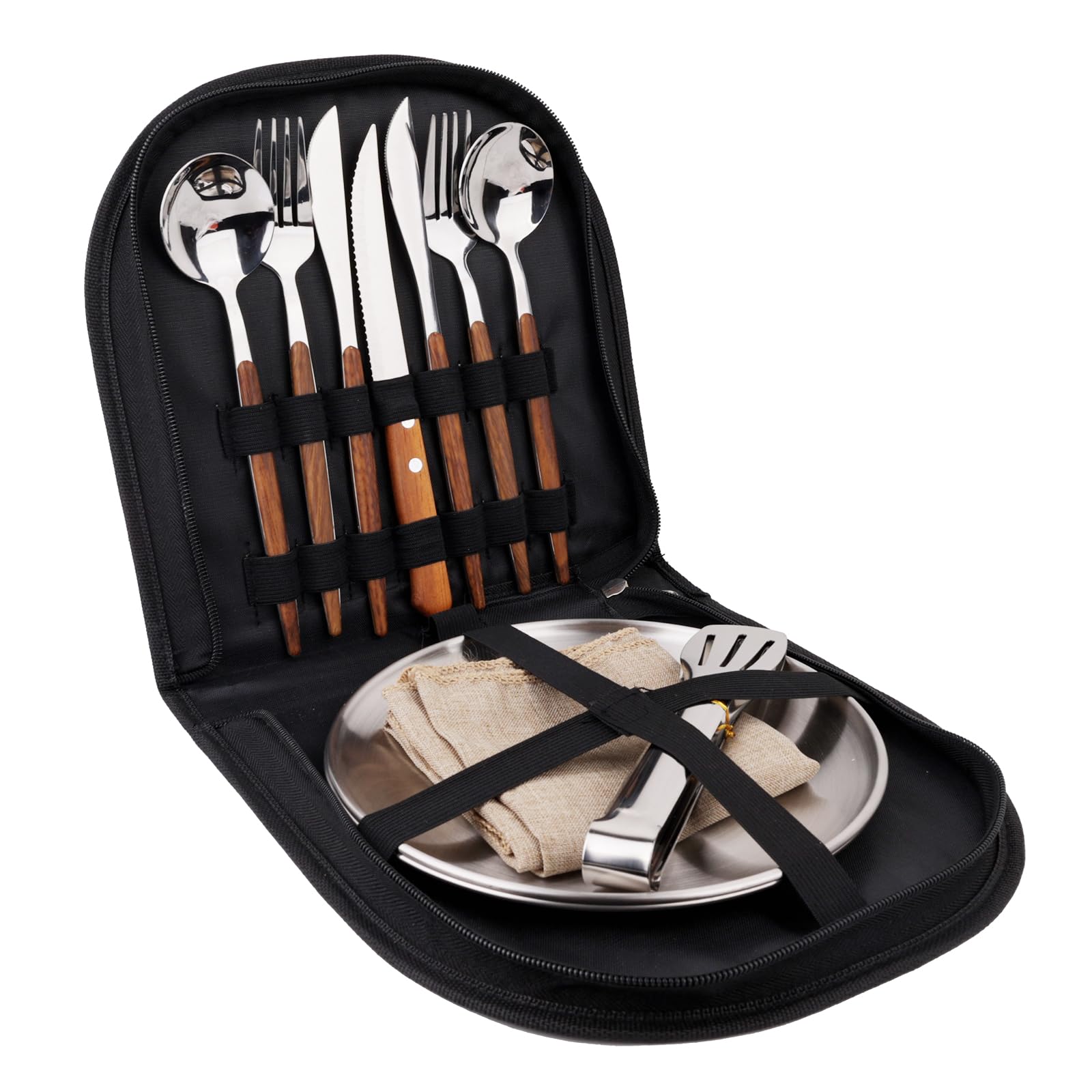 New Wood Grain Handle Tableware Mess Kit Cutlery for 2 Dinnerware Set - 12pcs Stainless Steel Utensils Set with Plate Spoon Fork Serrated Knife Cloth Napkins for 2,Backpacking, Outdoor Hiking Picnic