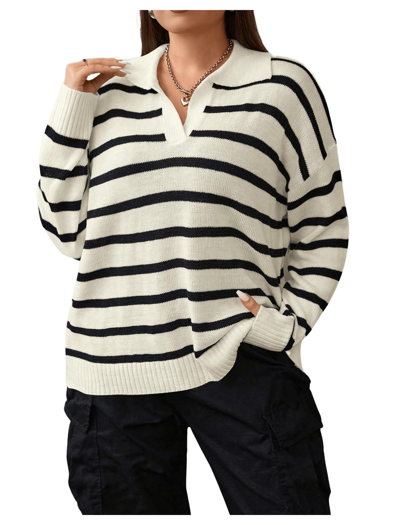 Floerns Womens Plus Size Casual Striped Long Sleeve V Neck Pullover Sweater Loose Fit Fall Knitted Top