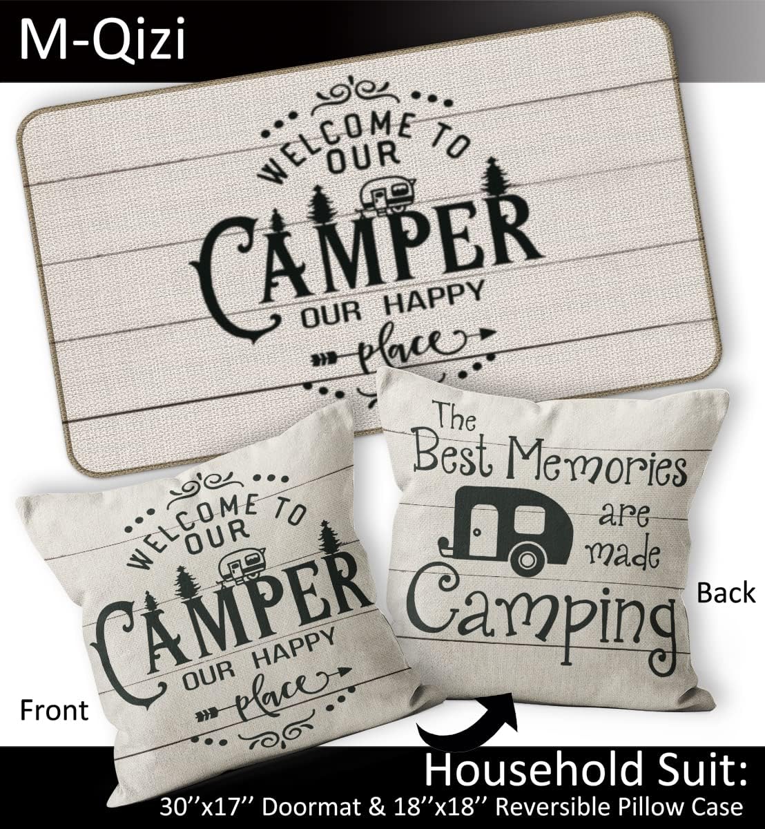 Camper Decor 2 Pieces Set - 30''x17'' RV Door Mat, 18x18 Pillow Cover, 1 Camping Door Mat 1 Camper Pillows Case, RV Gifts