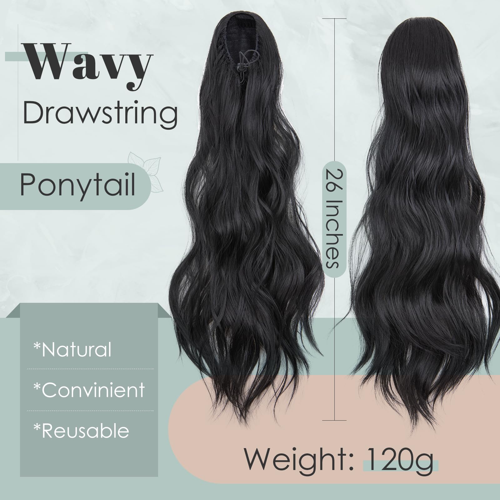 TESS Wavy Ponytail Extension, Drawstring Clip in Ponytail Hair Extensions, Long Hair Extensions Ponytail, 26 Inches 120g, Jet Black - Image 2
