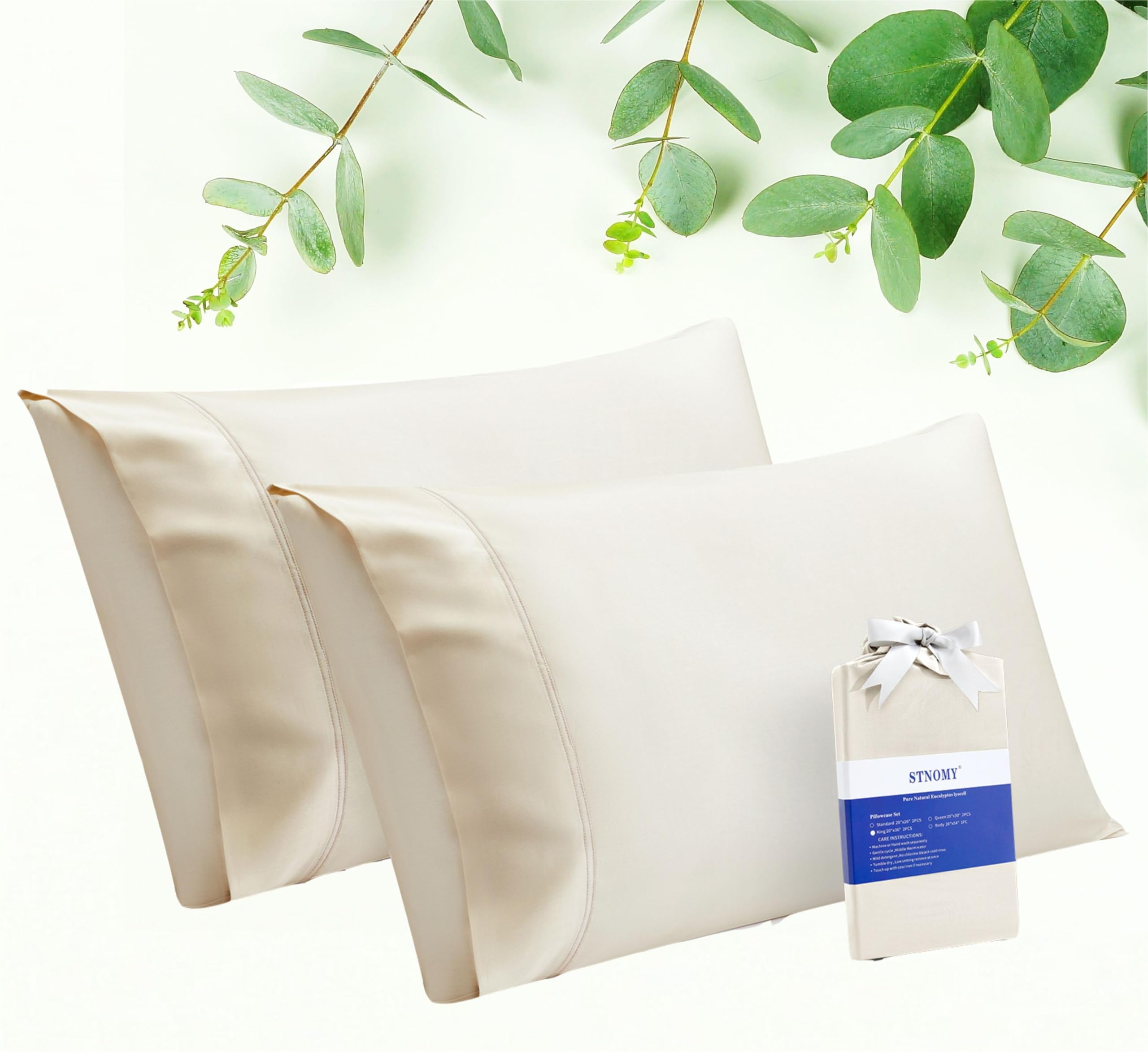 Taies d'oreiller eucalyptus luxe effet soie crème