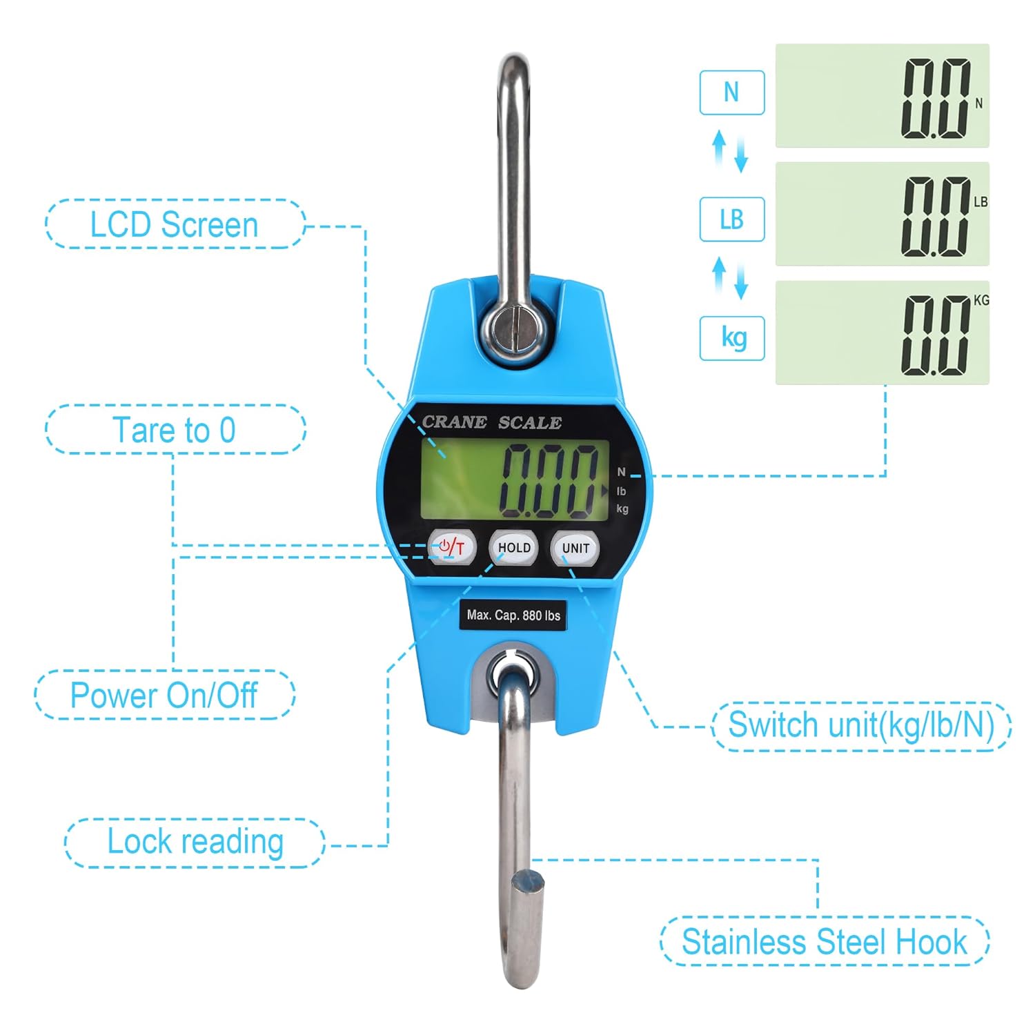 Digital Crane Scale 300kg/660lbs 200kg/440lbs with LED Handheld Mini Hanging Scale for Garage Farm Hunting Fishing Etc(300kg/Plastic Shell/Blue)