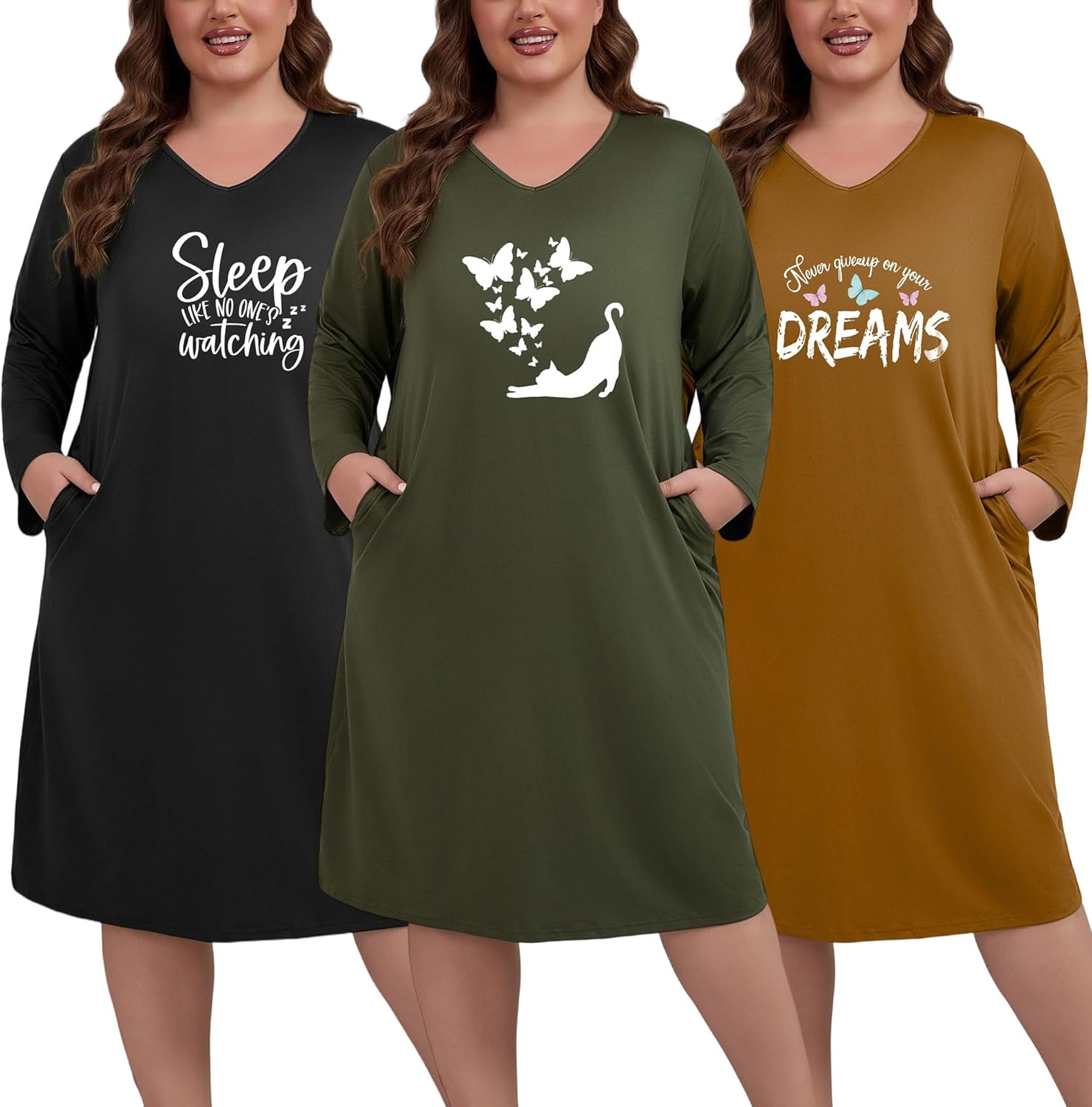 3 Pack Plus Size Nightgowns for Women V Neck Nightshirts Long Sleeve Printed Sleepwear Soft Loungewear