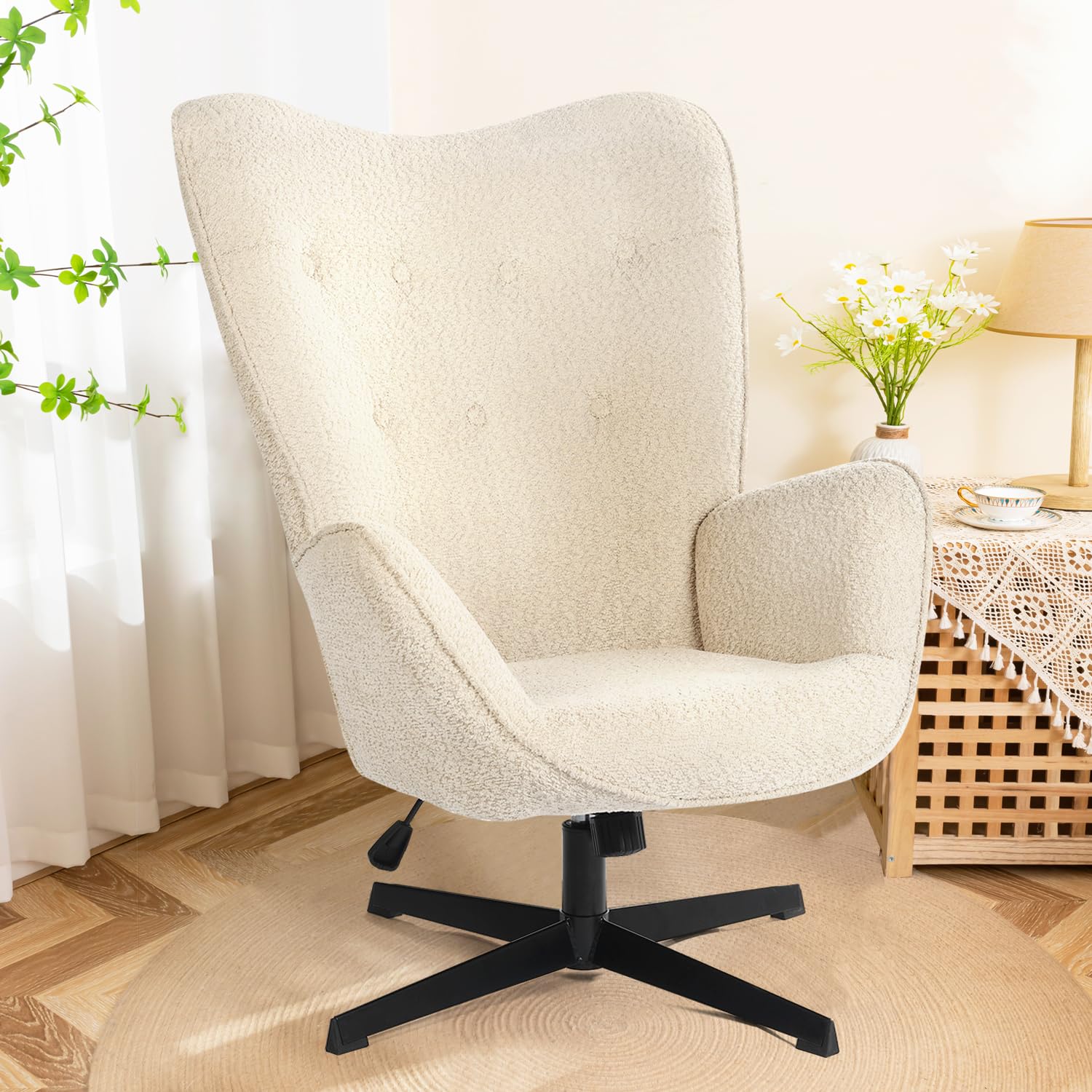 Upholstered Accent Chair, Chenille Fabric Armchair Ergonomic High Back Adjustable Elegant Cozy Fluffy Side Chairs No Wheels for Living Room, Bedroom, Office Decor, Dorm, Reading Nook, Beige