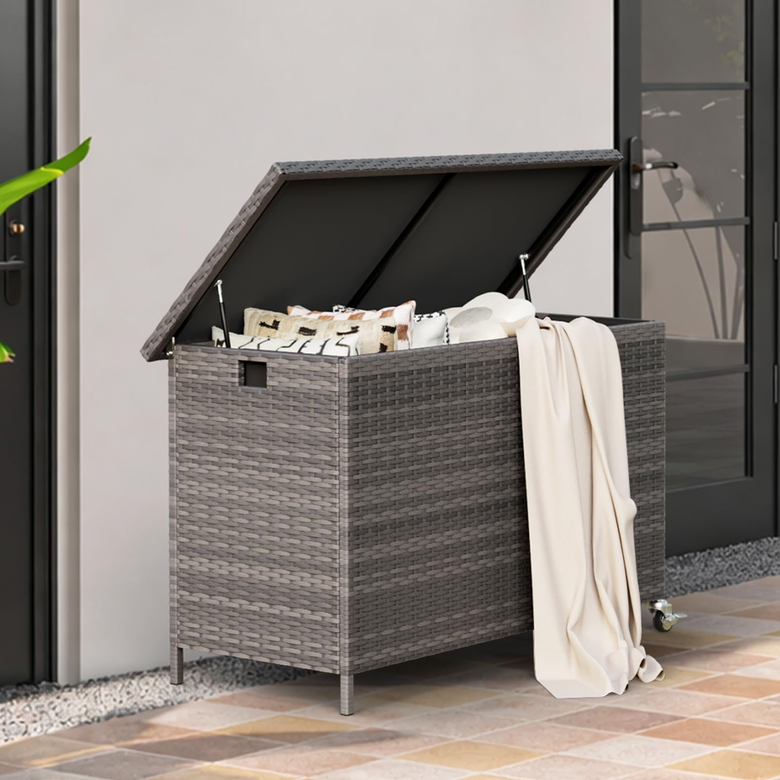 Amopatio 310L Gartenbox Auflagenbox wasserdicht, Kissenbox Outdoor aus Polyrattan, Aufbewahrungsbox Metall mit Rollen & Gasdruckfedern, Gartenkiste wetterfest für Garten, Balkon, Grau