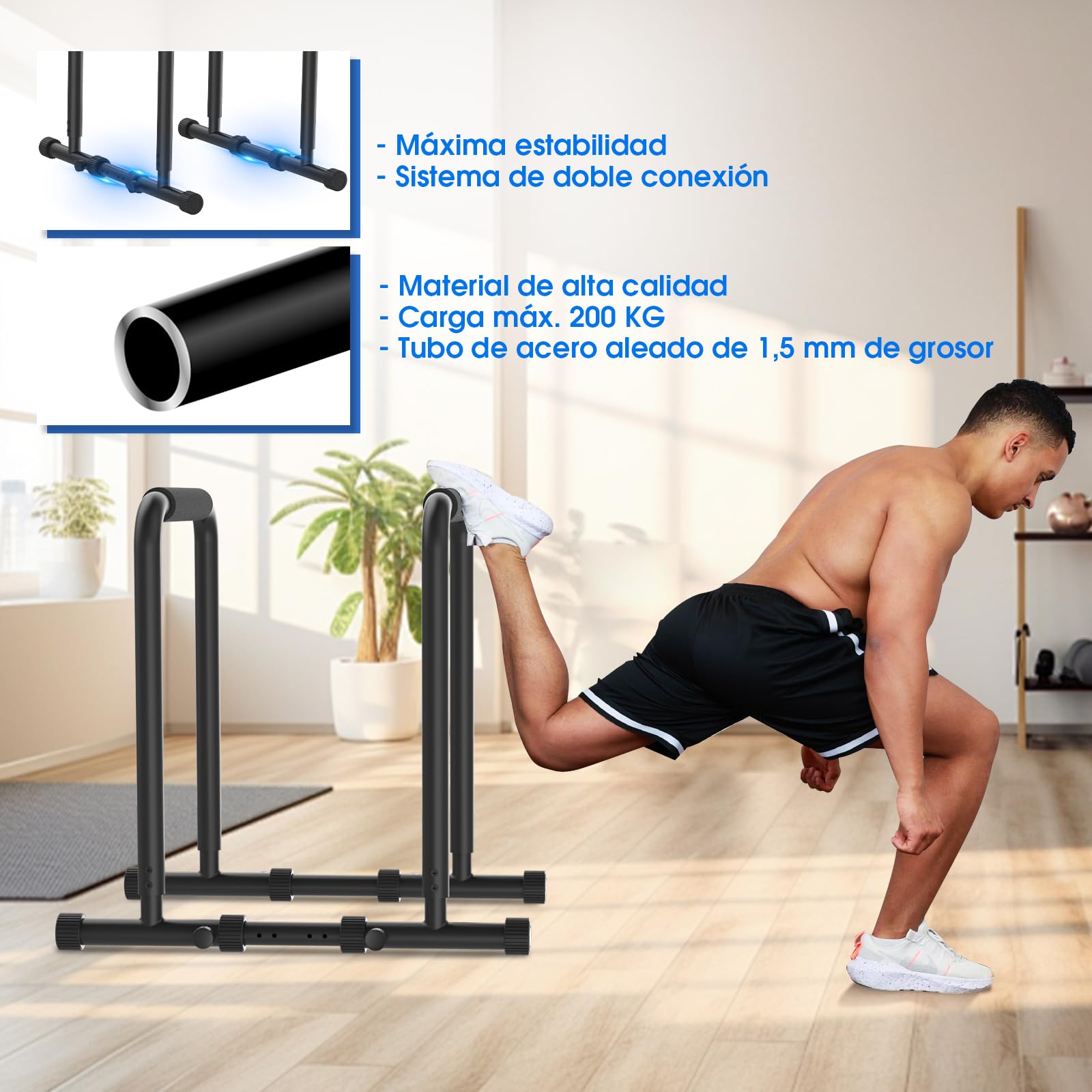DH FitLife - Barras Paralelas para Calistenia en Casa | Robusta, Estable y Versátil | Dip Station Ajustable en Tres Alturas (80/90/100 cm) | Ideal para Fondos, Flexiones y Entrenamiento de Fuerza