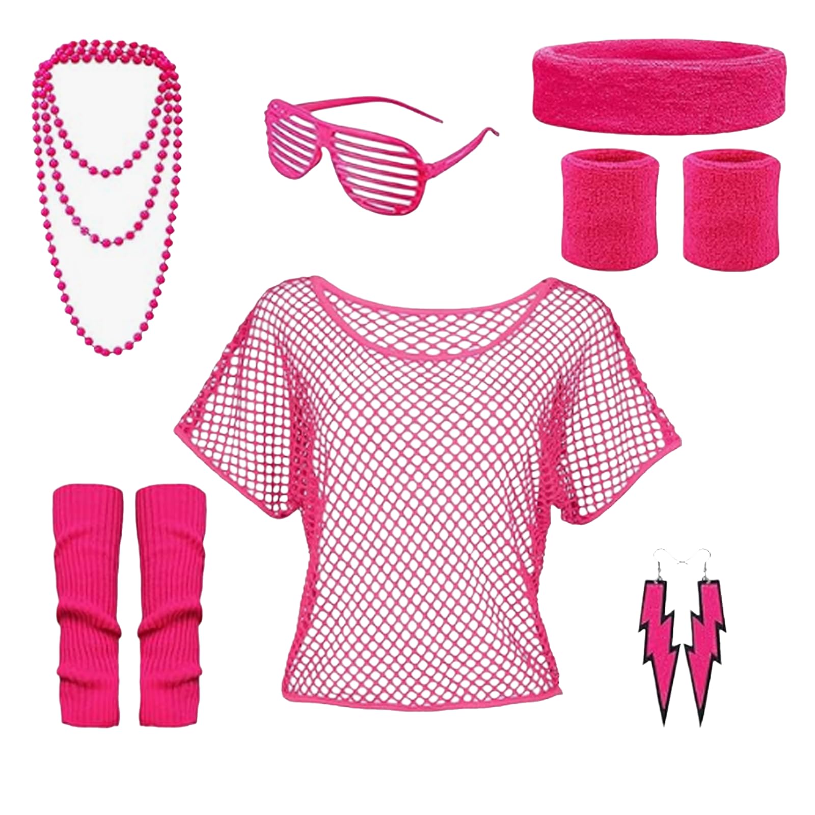 SSKHE Disfraz de los años 80 y 90 para mujer, parte superior de malla, accesorio para la cabeza, calentador de piernas, collar, gafas y pendientes, traje de fiesta para mujer, años 80, ropa de los