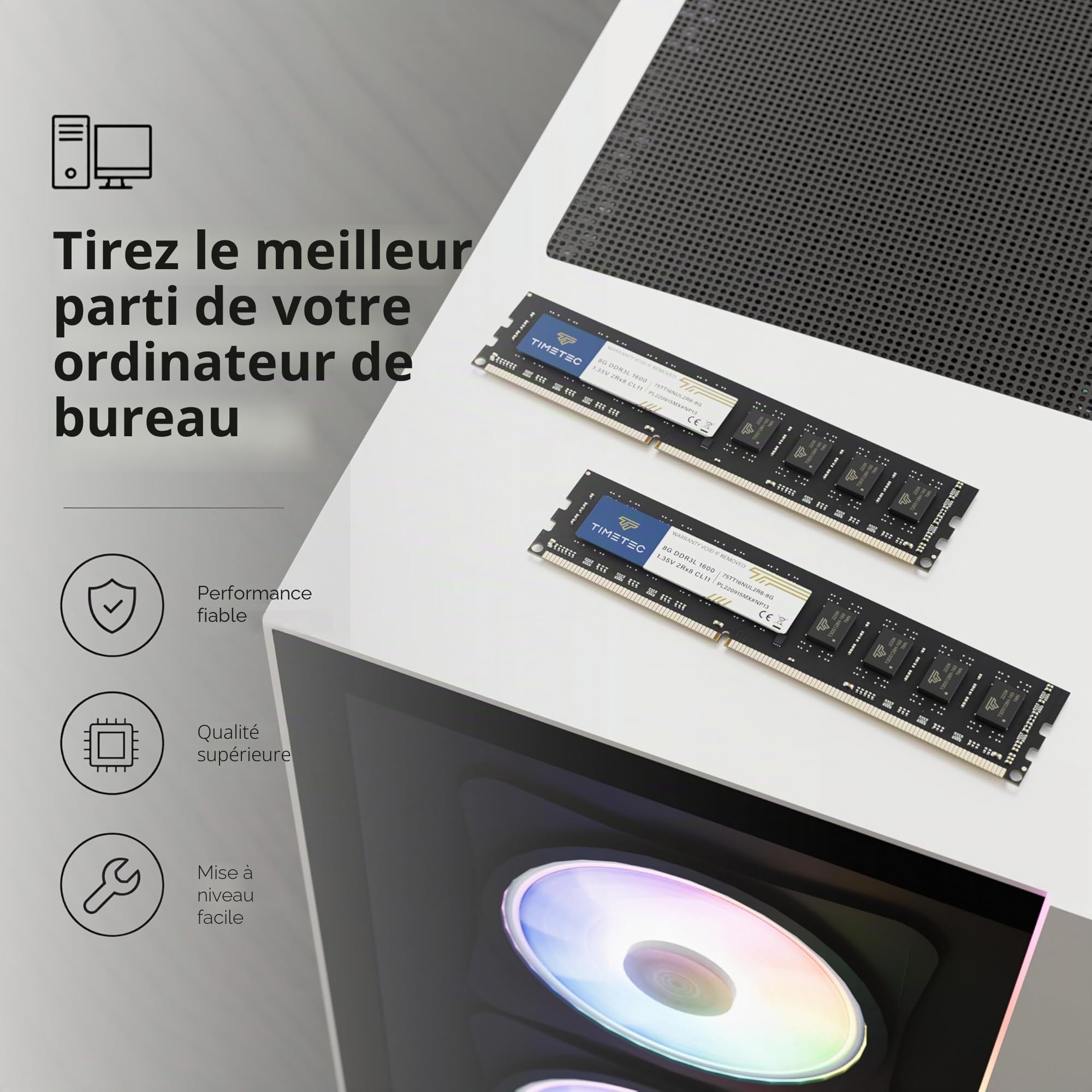 Timetec 8 Go DDR3L/DDR3 1600MHz PC3L-12800/PC3-12800 (PC3-12800U) Non-ECC sans Tampon 1.35V/1.5V CL11 2Rx8 Double Rang 240 Broches UDIMM Ordinateur de Bureau mémoire RAM Module Mise à Niveau
