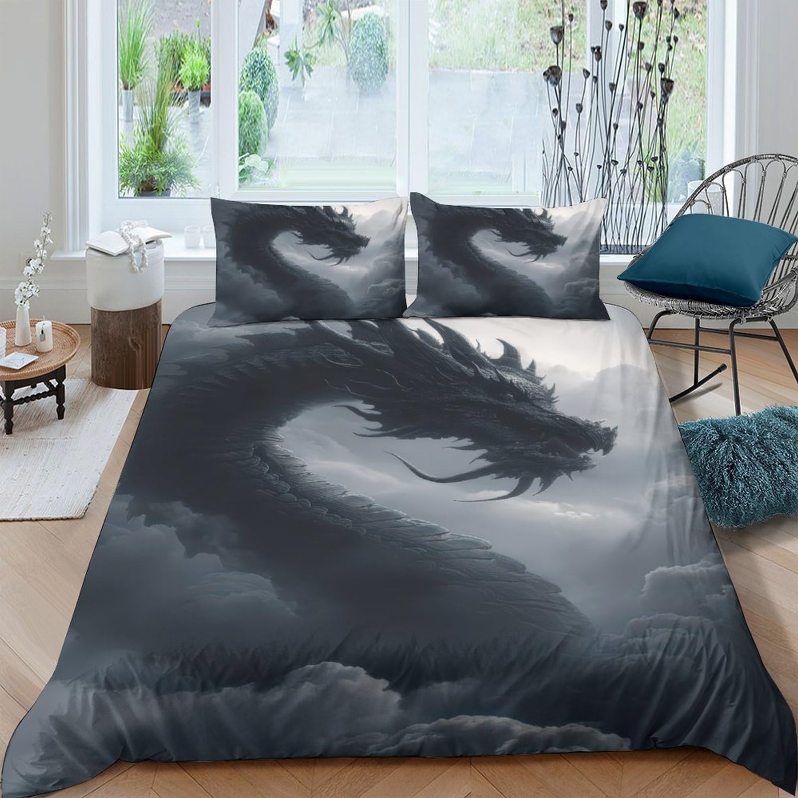 GPLZQXKJNH 3D Printed Dark Dragon Duvet Cover Microfiber Soft Breathable Storm Cloud Bedding Set with 2 Pillowcases for Bedroom Decor Single（135x200cm）