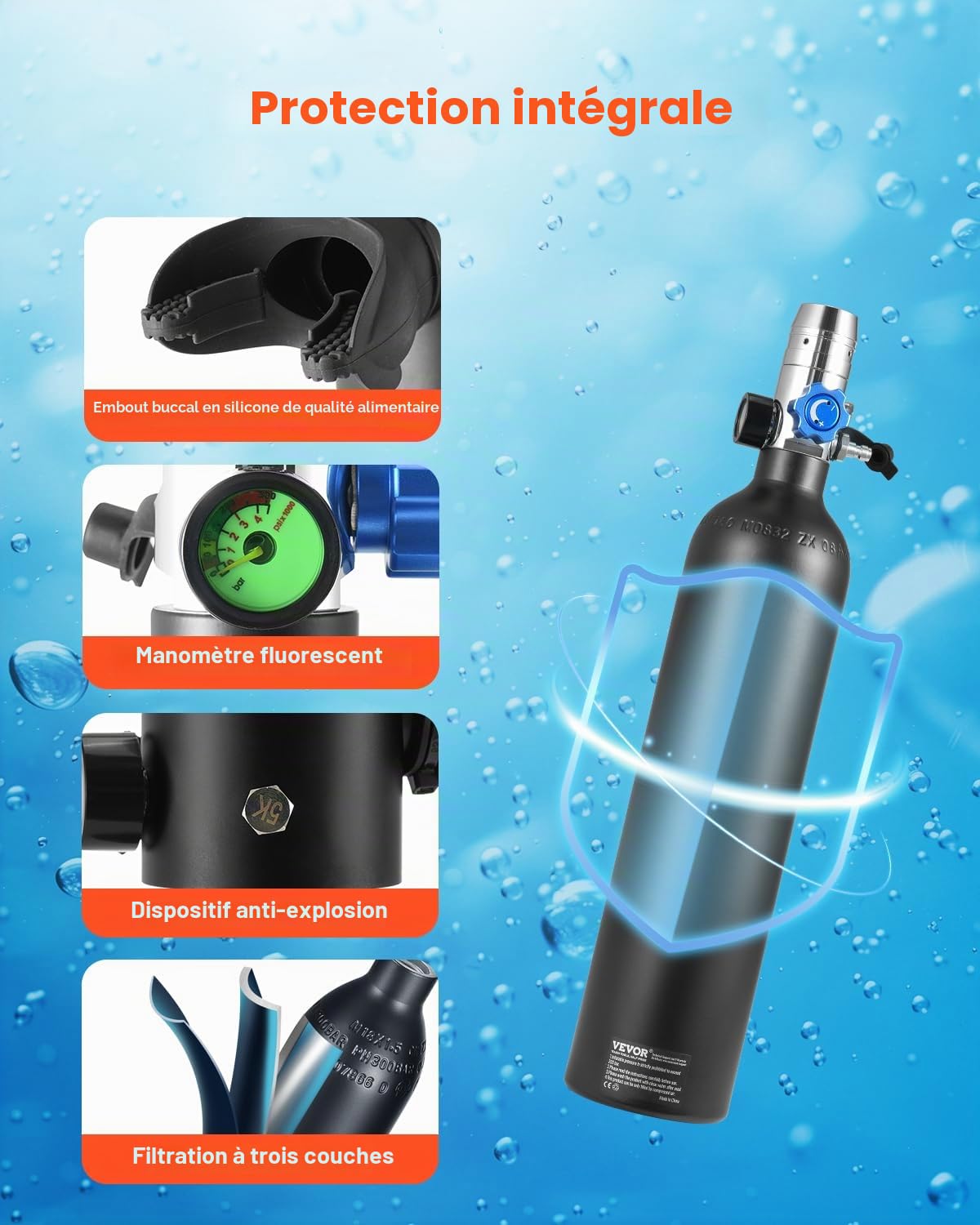VEVOR Bouteille de plongée Portable de 1 L, Bouteille d'oxygène avec Pompe, pour Respiration 15-20 Minutes, Profondeur de plongée de 30 m, réservoir d'air Rechargeable pour Exploration sous-Marine