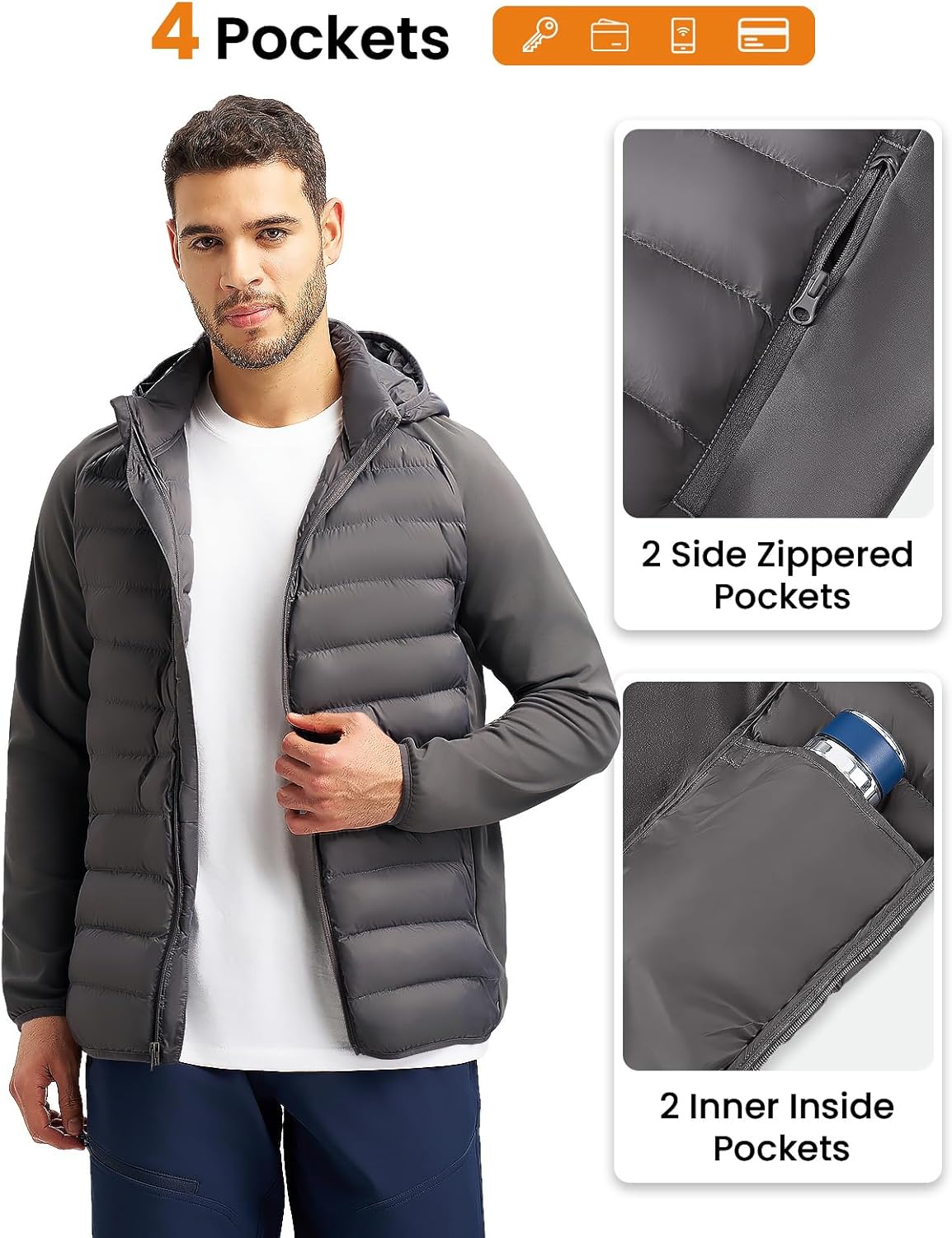 Rdruko Men's Insulated Running Jacket Hybrid Lightweight Puffer Jacket Detachable Hood Warm Winter Coat Hiking Golf - Image 6