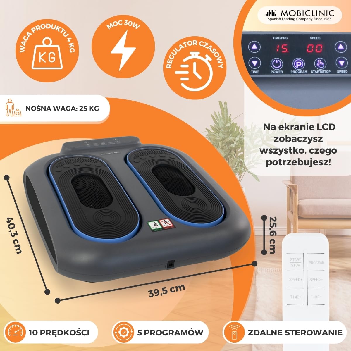 Masażer do stóp i nóg VIBFIT Mobiclinic z wibracją, pilot, panel sterowania, 10 prędkości, 5 programów