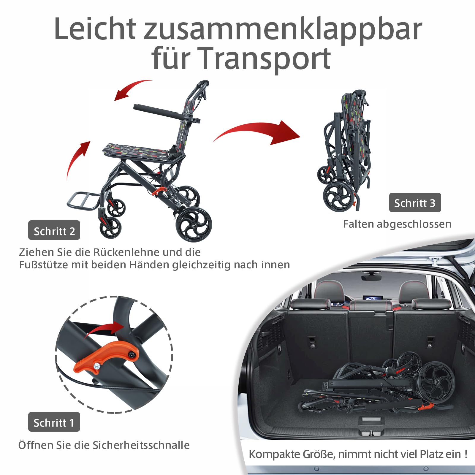Rollstuhl faltbar,Ultraleicht(7.5kg),Aluminium,Sitzbreite:39cm,Transportrollstuhl, Zwei bremssysteme,für Behinderte und ältere Menschen,Bis zu 100 kg(IN-A068)