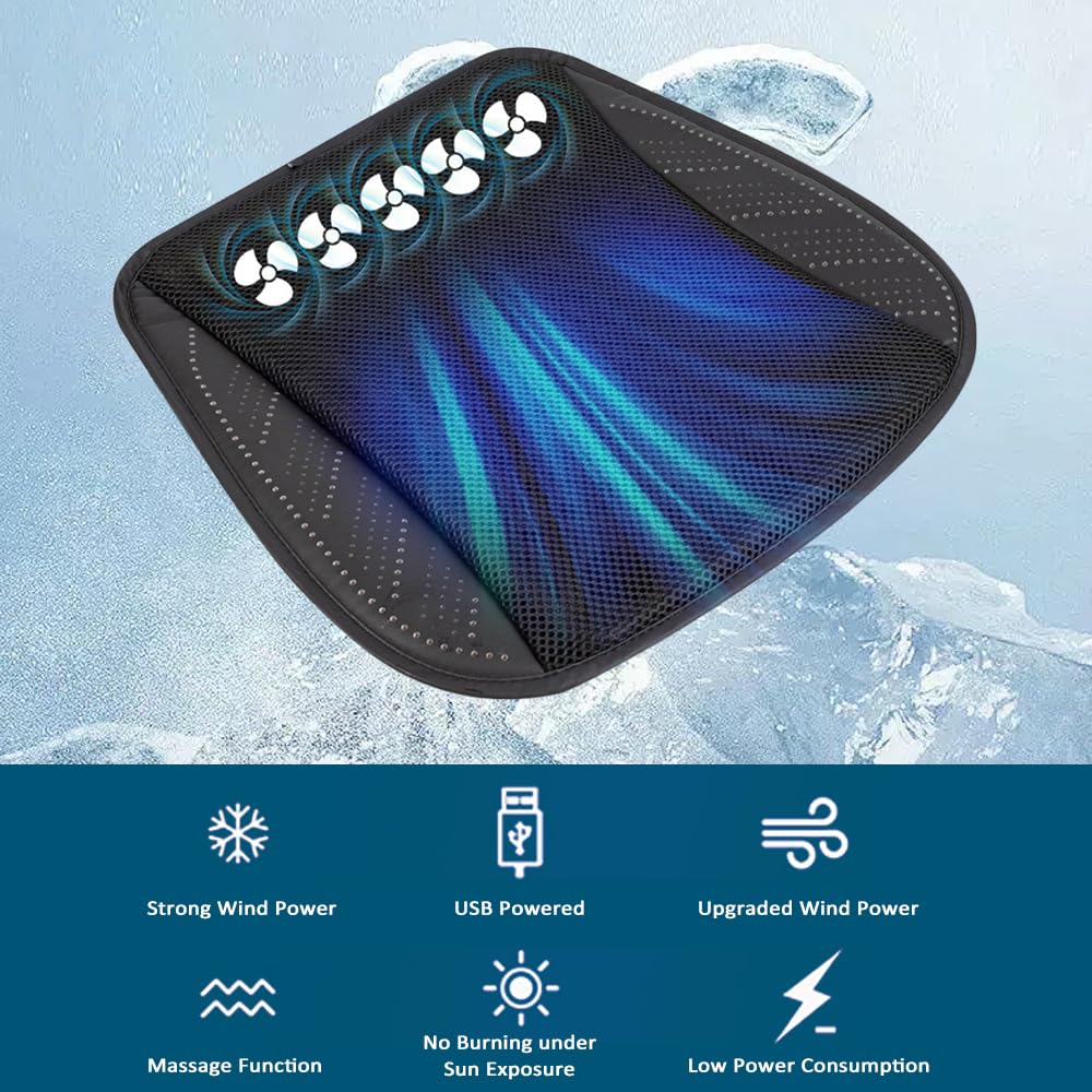 Cuscino Ventilato con Porta USB, Tappetino di Raffreddamento Traspirante per Sedili Auto, Sedie da Casa e Ufficio, Rete di Seta Ghiacciata, Ventole ad Alta Velocità Integrate con Velocità del Vento