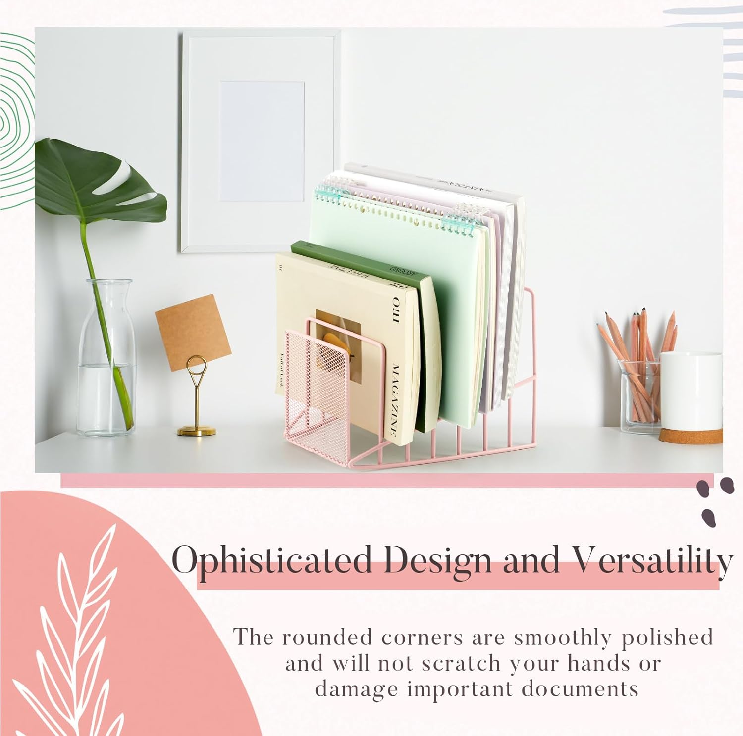 2 Pcs 7 Section Wire File Organizer for Desk, Metal Mesh Incline File Holder, Letter & Magazine Folder Rack, Desktop Paper Sorter for Home Office School (Pink)