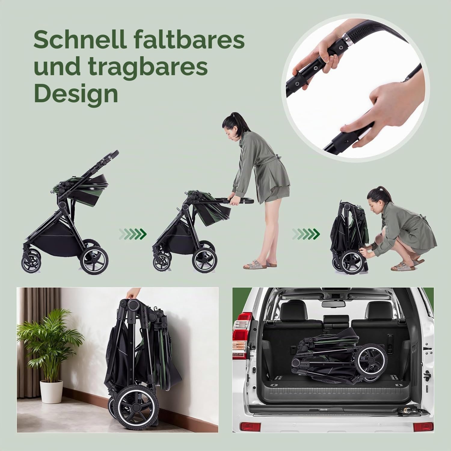 Gcarebb 3 in 1 Kinderwagen Reisesystem, Buggy mit höhenverstellbarem Griff, Reisewagen mit Regenschutz, Baby-Kinderwagen mit Aluminiumrahmen für Neugeborene