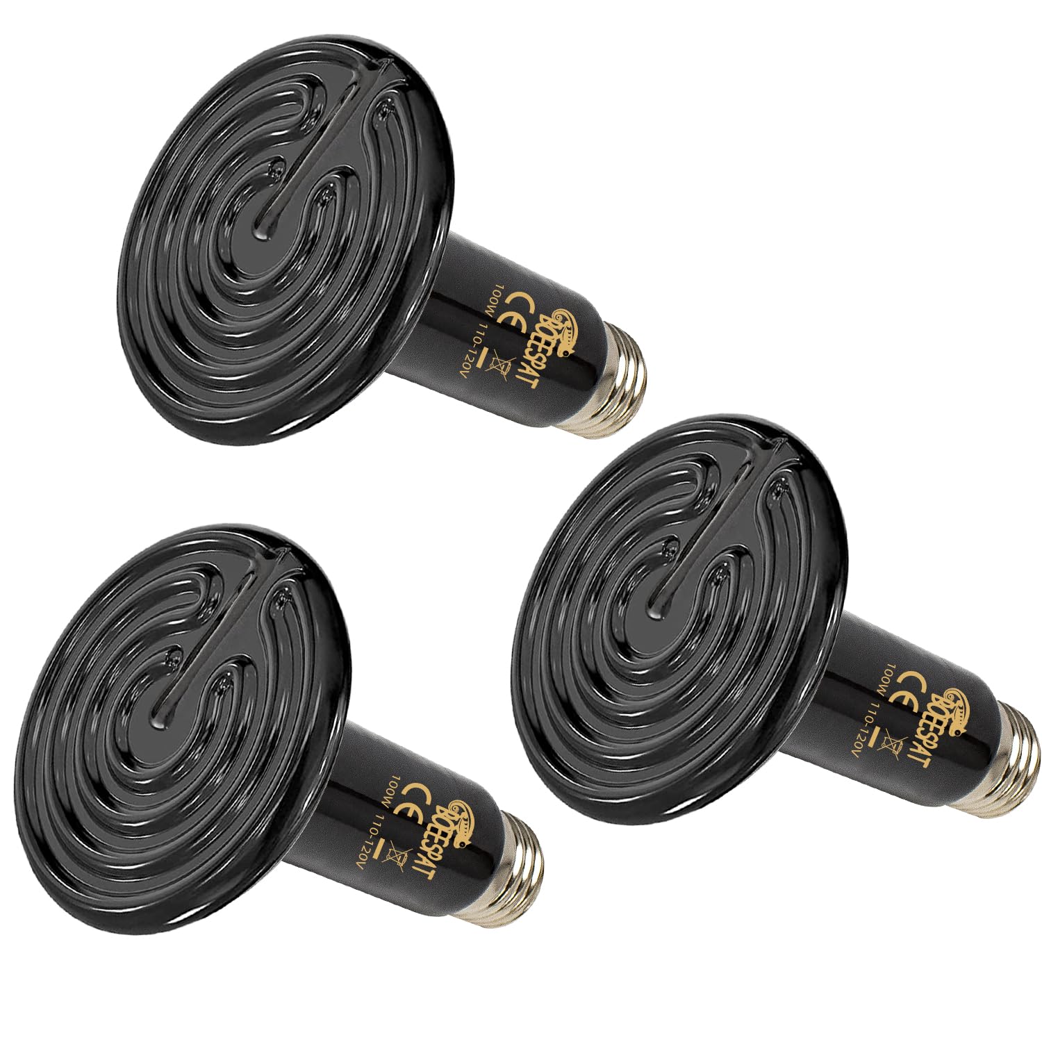 Pack of 3 Black Ceramic Heat Emitters, 100W Reptile Heat Bulbs for Lizards, Snake, Bearded Dragon, Reptiles & Amphibians, No Light & No Disturbing