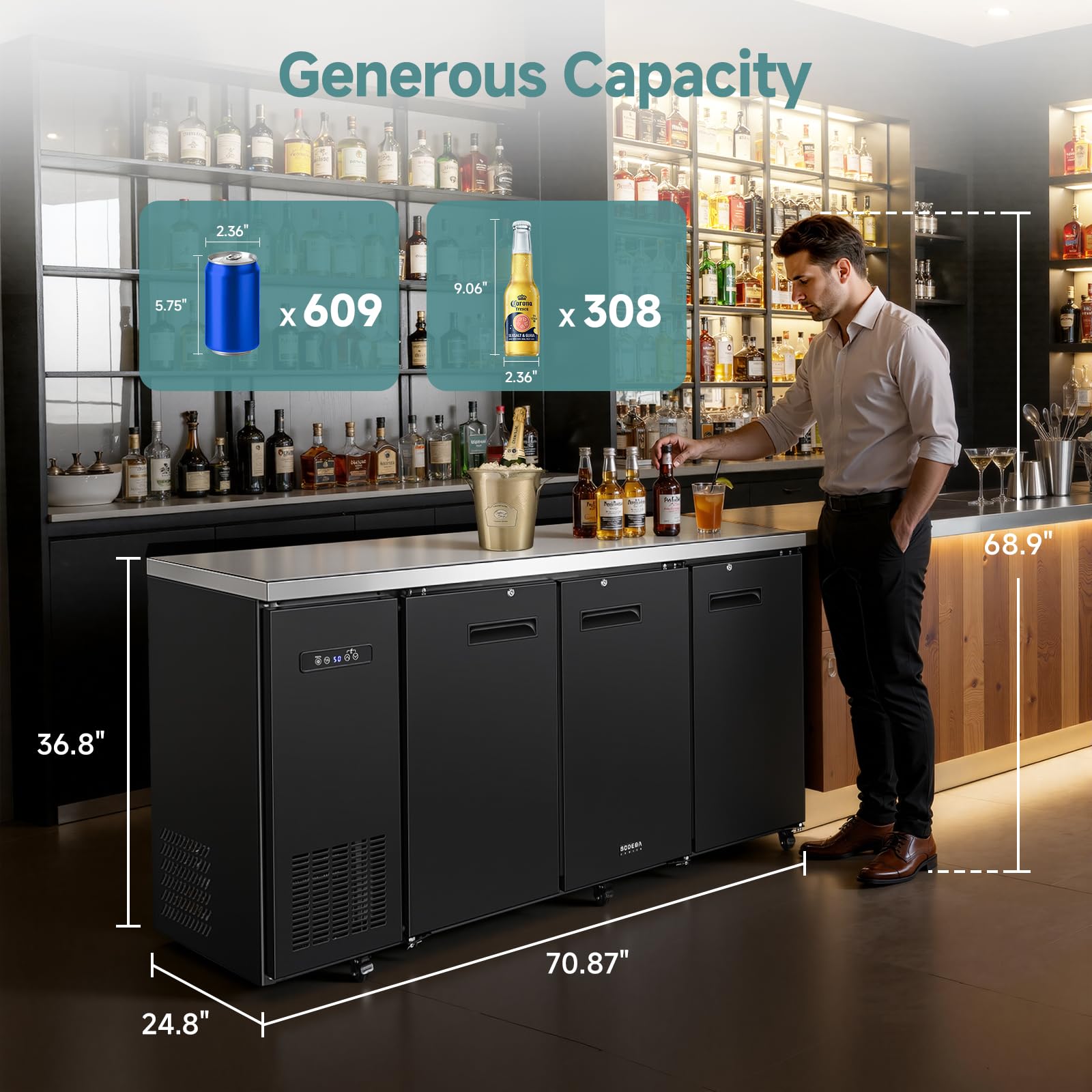 Bodegacooler Commercial Bar Cooler With 3 Solid Doors, 20.5 Cu.Ft Back Bar Refrigerator, Beverage Refrigerator For Beer Soda Wine,LED Light, Stainless Steel Top,6 Casters, For Kitchen Buffet Table on Fridge.com - View 2