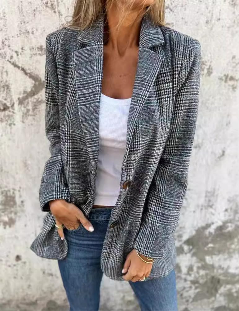 IDEALSANXUN Womens Tweed Blazer Casual Plaid Houndstooth Blazer Work Suit Jackets - Image 3