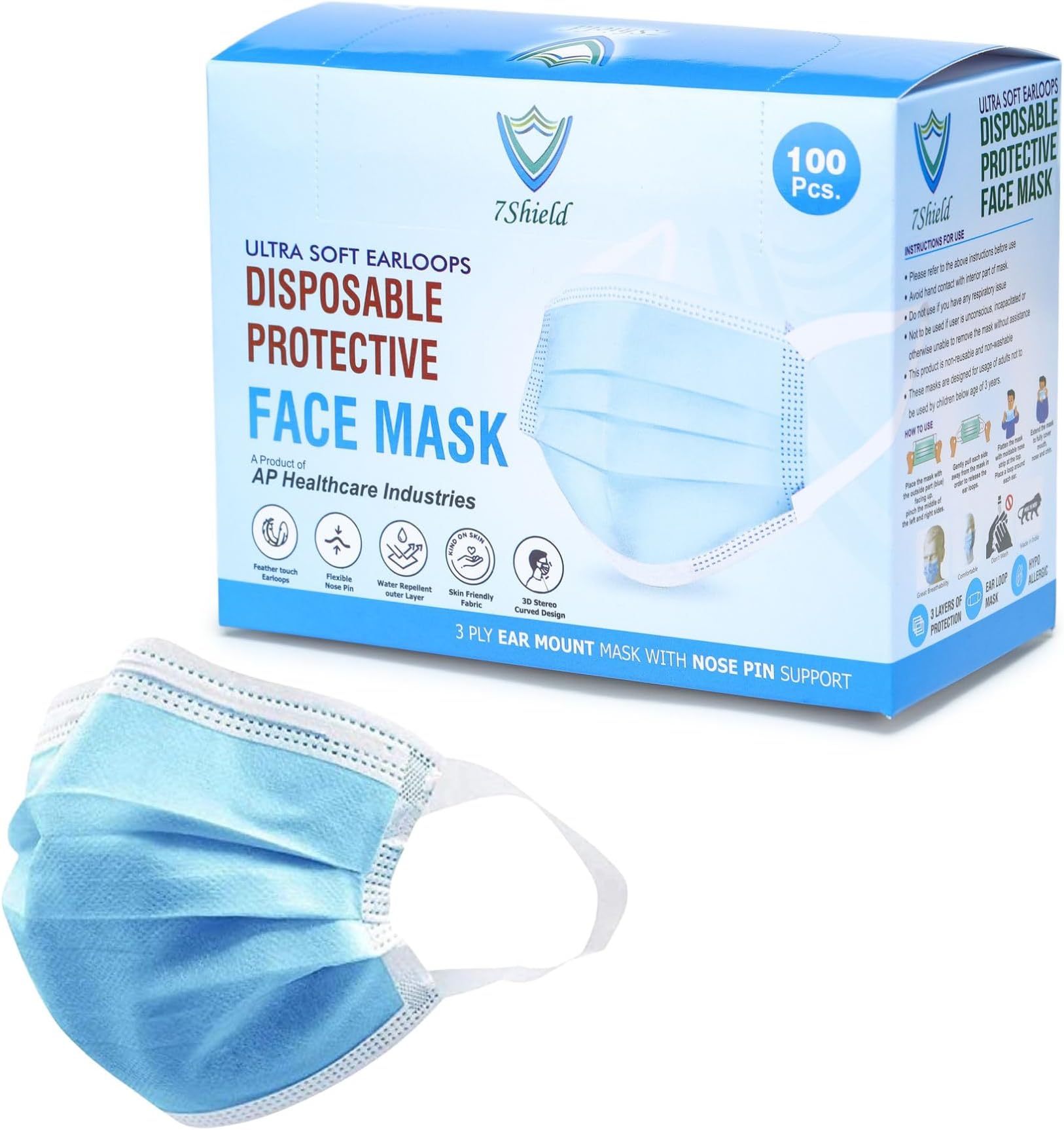 Disposable 3Ply Face Mask - Ultra Soft Fabric Wide Ear Loop, Comfortable, Inbuilt Plastic Coated Nose Pin, CE and ISO Certified, Convenient Box Pack