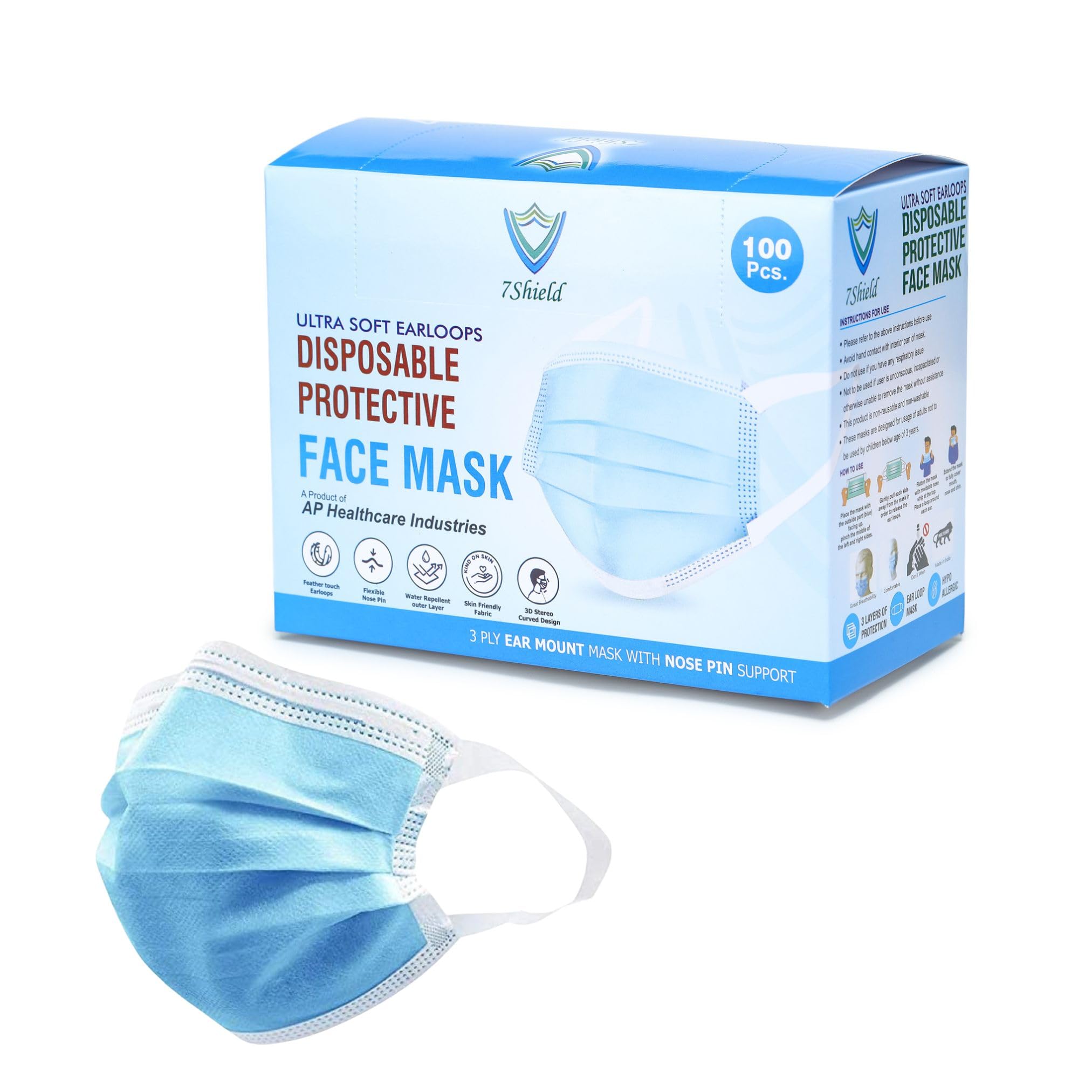 Disposable 3Ply Face Mask - Ultra Soft Fabric Wide Ear Loop, Comfortable, Inbuilt Plastic Coated Nose Pin, CE and ISO Certified, Convenient Box Pack