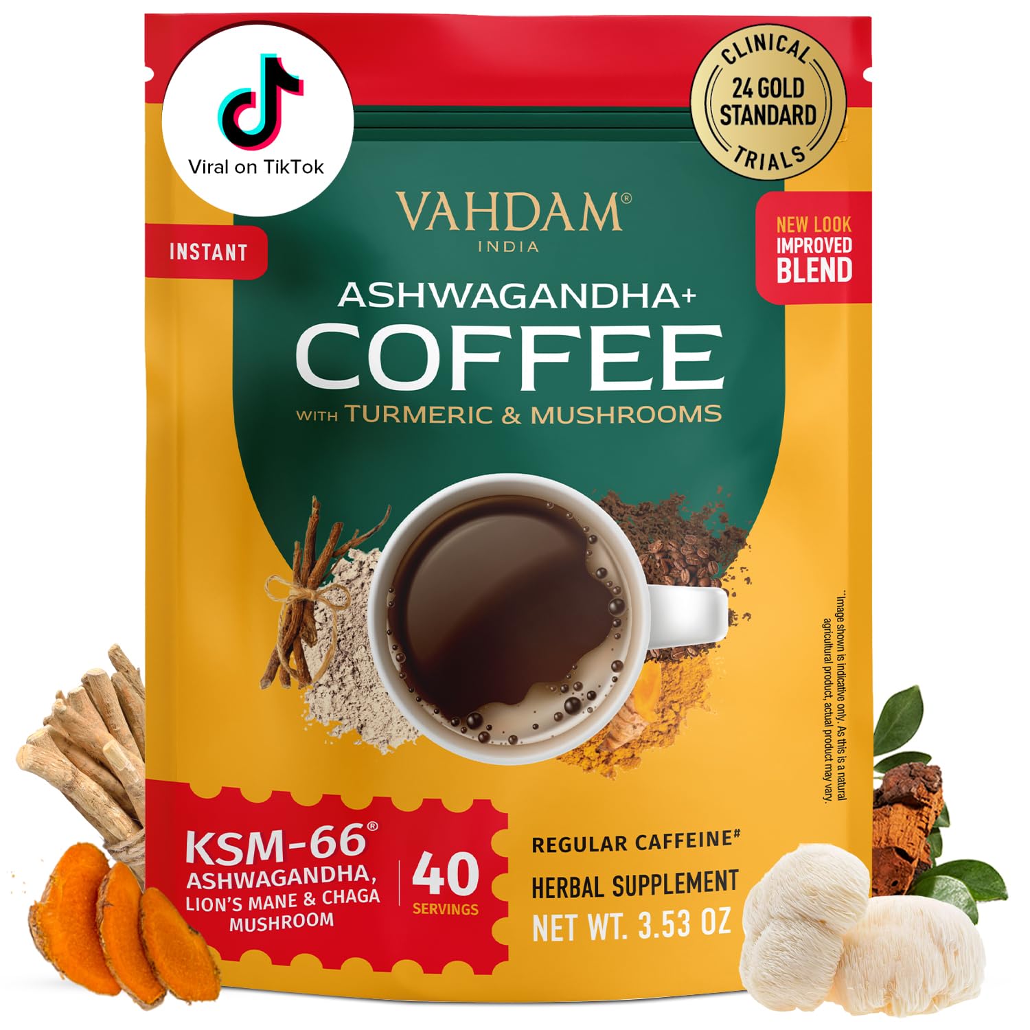 VAHDAM Ashwagandha Coffee with Turmeric, Lion’s Mane & Chaga Mushroom | Clinically Proven KSM 66 Ashwagandha & Pure Arabica Coffee | Stress & Cortisol Support, Better Energy - 40 servings