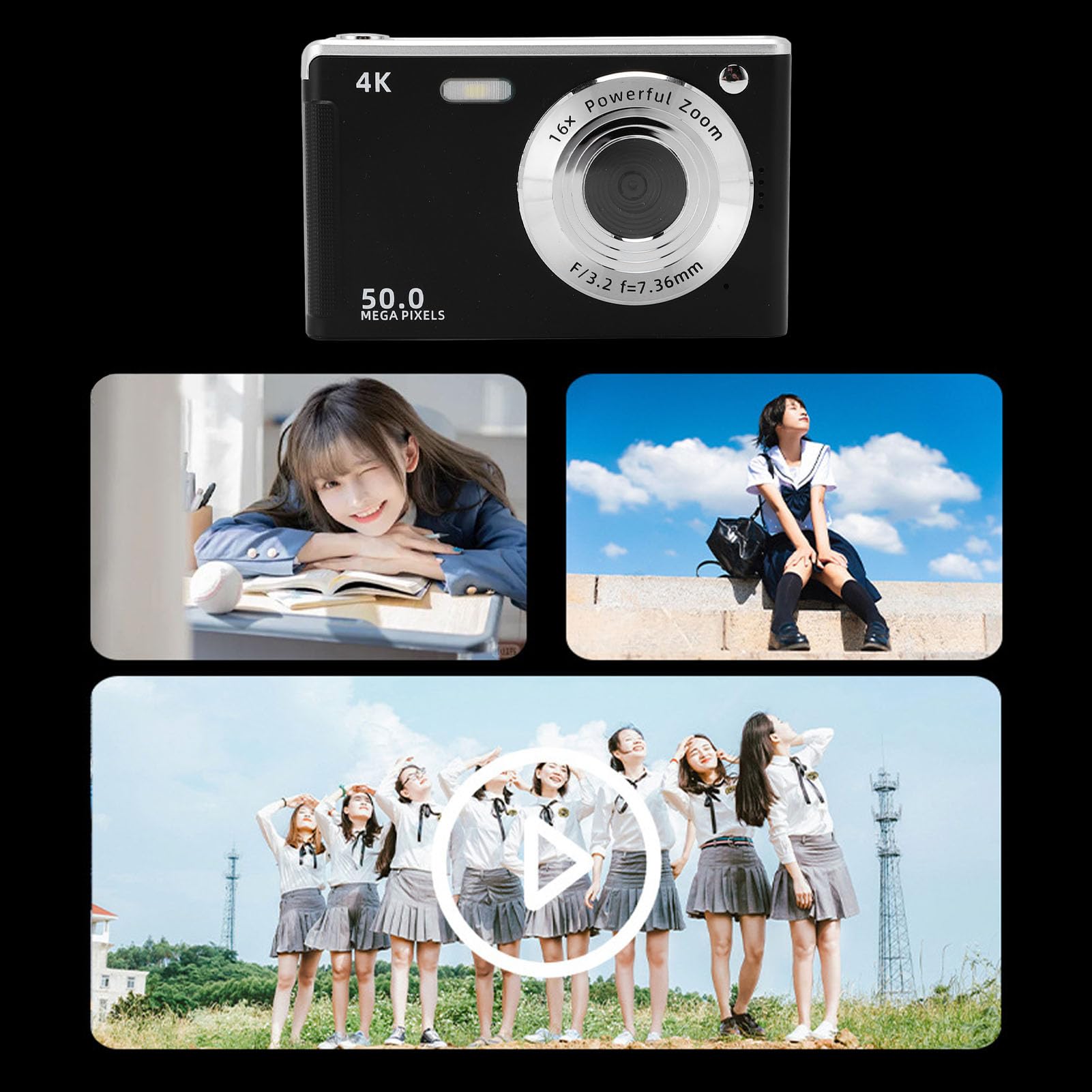 Camera Digitale 4K, Fotocamera Vlogging a Fuoco Automatico da 50 MP con Luce di Riempimento Zoom 16x, Punto Compatto e Scatta per YouTube (BLACK)